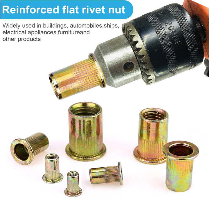 100Pcs M6 Rivet Nuts, Carbon Steel Flat Head Rivnut Threaded Insert Nut