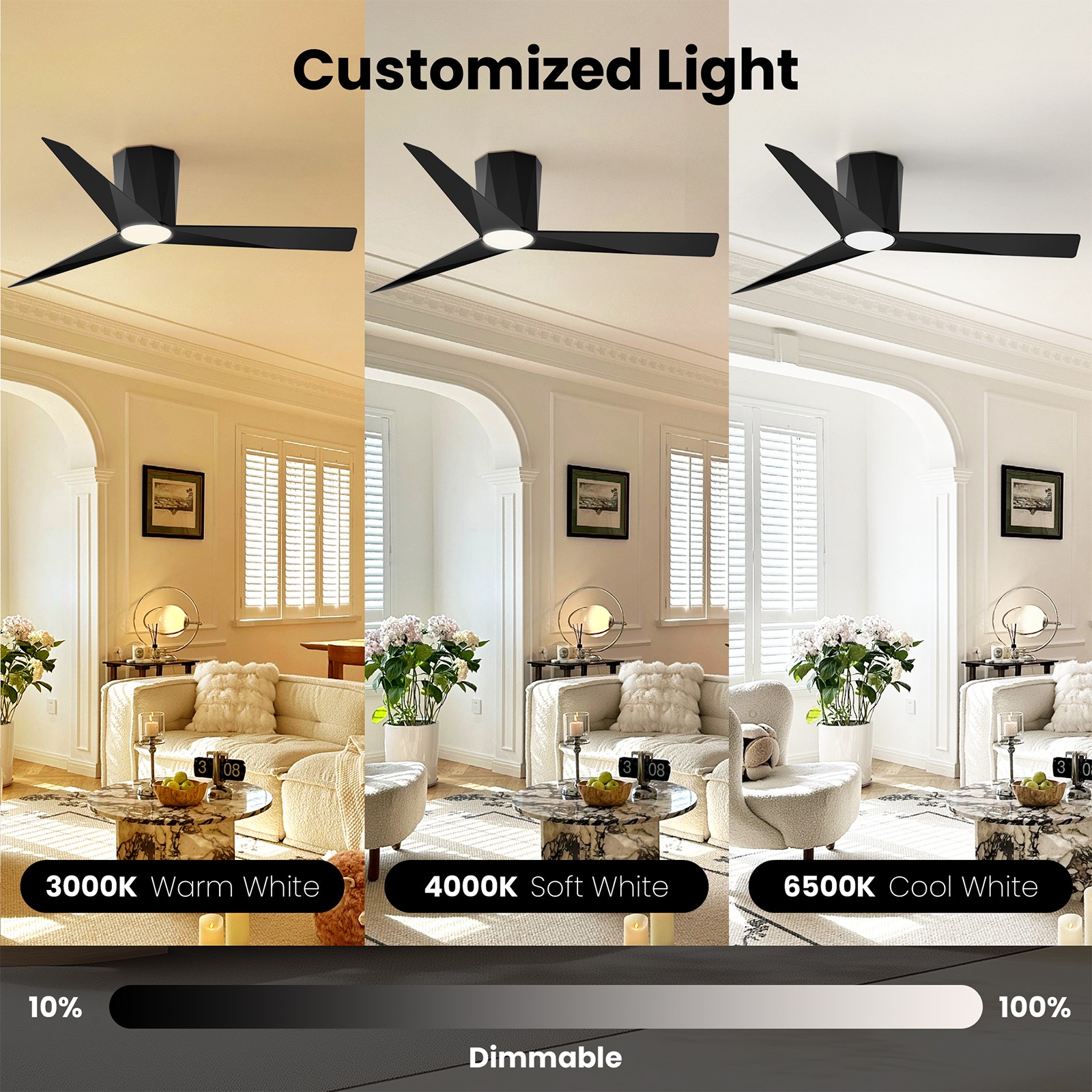 Ceiling Fans with Dimmable Led Lights,52" Flush Mount Ceiling Fan Remote Control