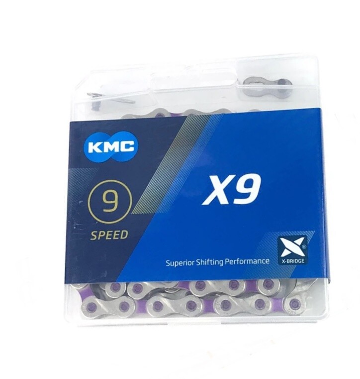 New KMC X9 chain116 link with Missing Link , Silver / PURPLE 9 speeds