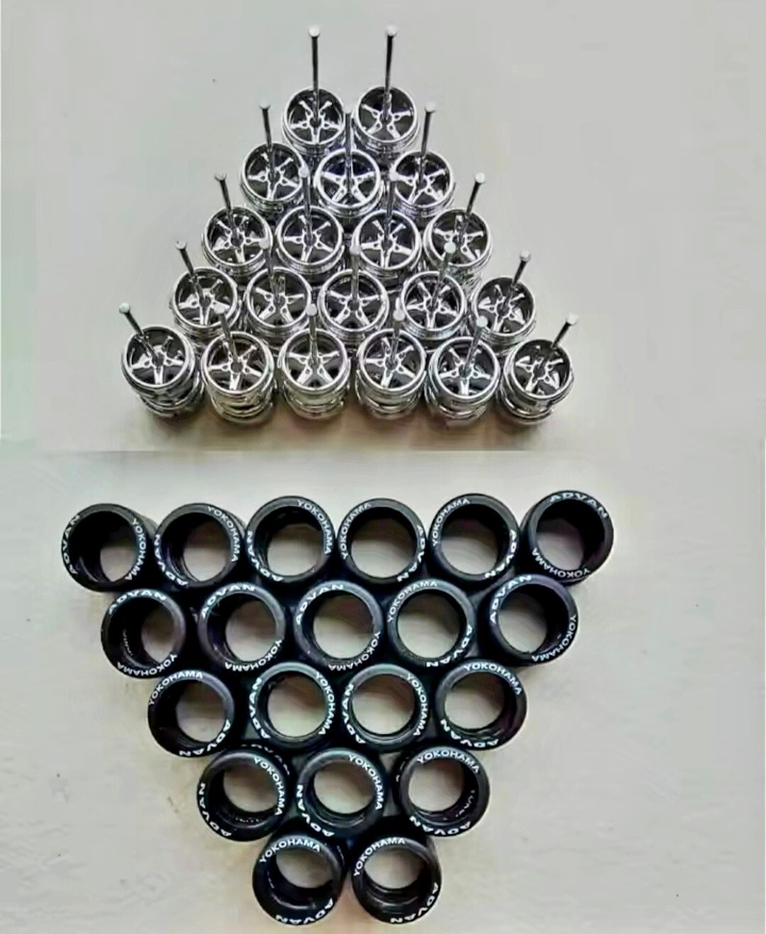10 Sets Advan 5 Spoke Yokohama 11mm Rims & Real Rider Rubber Tires Hot Wheels