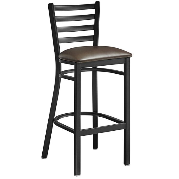 Black Ladder Back Metal Restaurant Bar Stool With Brown Vinyl Seat