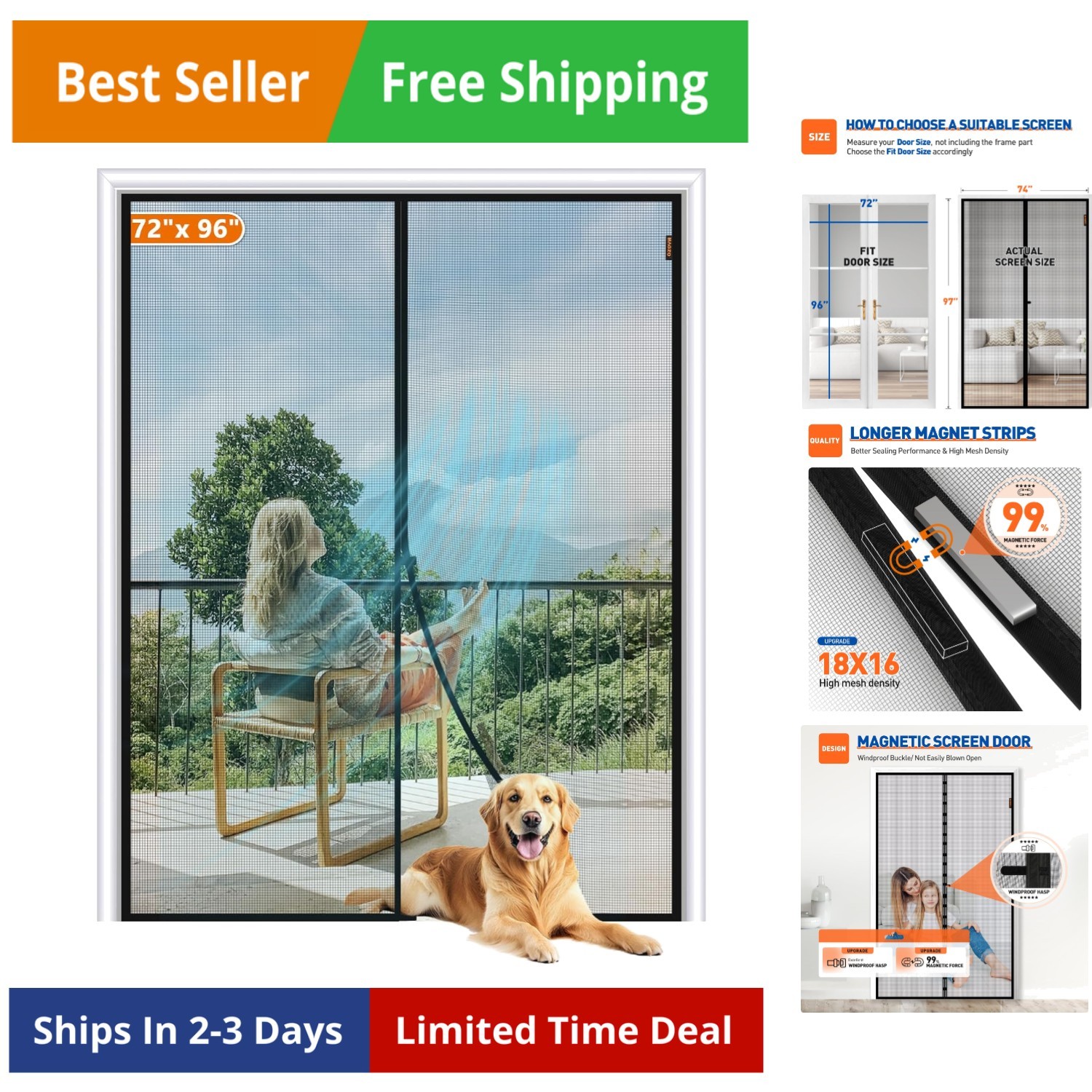 Magnetic Screen Door Fit Door Size 72 x 96 Inch, Screen Size 74" x 97" Strong...