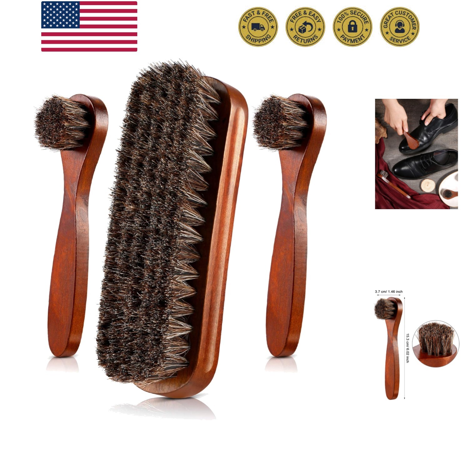 3 Pieces Horsehair Shoes Polish Brushes Kit Leather Shoes Boots Care Clean Po...