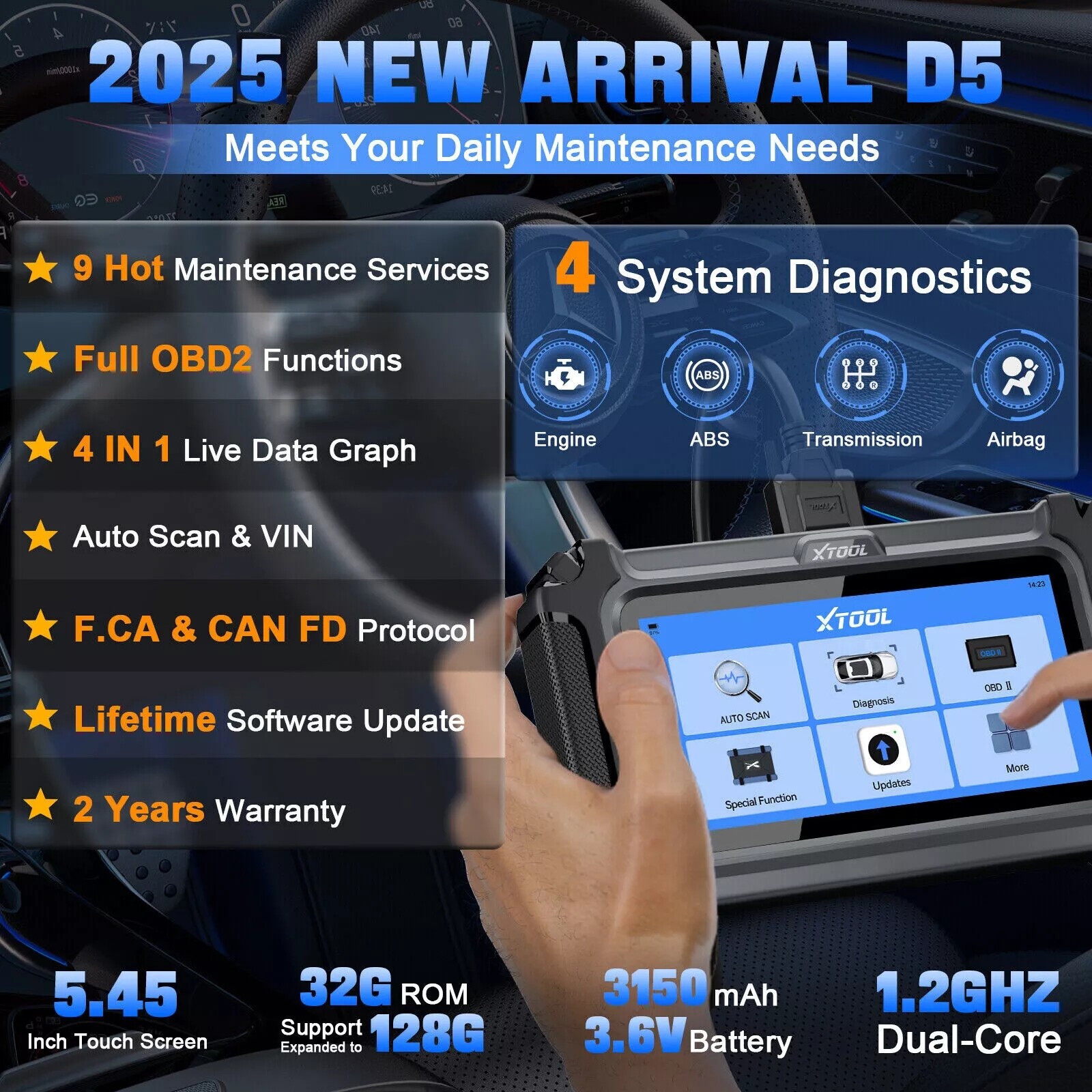 XTOOL D5 OBD2 Scanner Engine ABS SRS Transmission Diagnostic Tool Code Reader