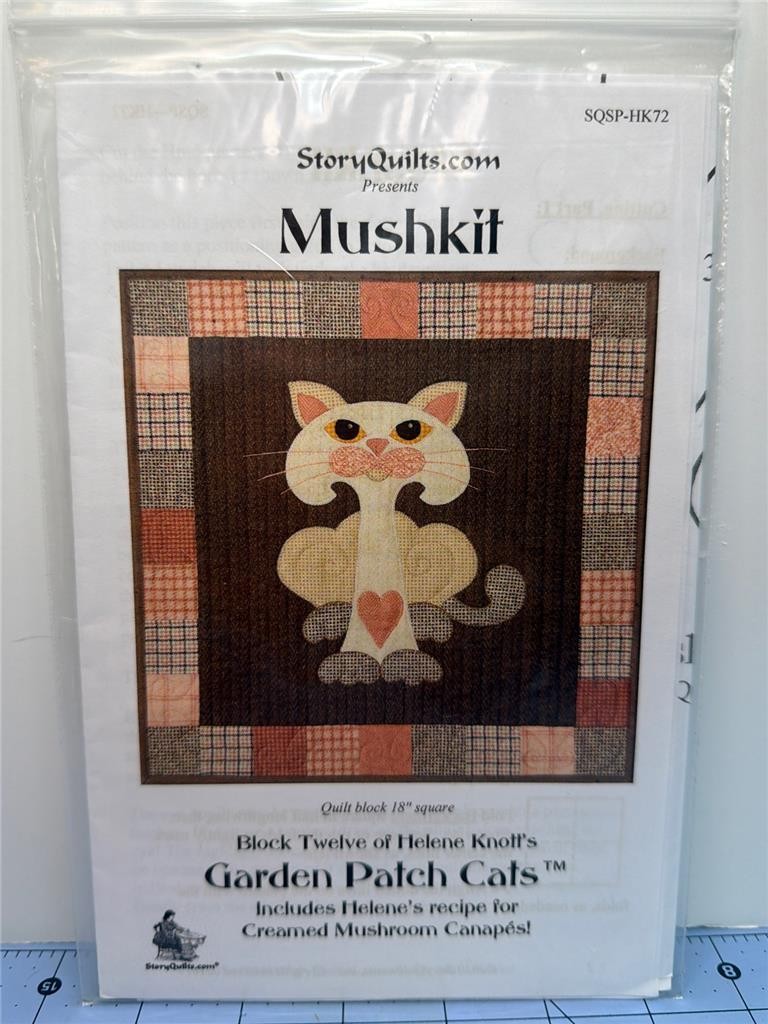 STORYQUILTS.COM Quilt Pattern - MUSHKIT - Garden Patch Cats Block 12 - 18"