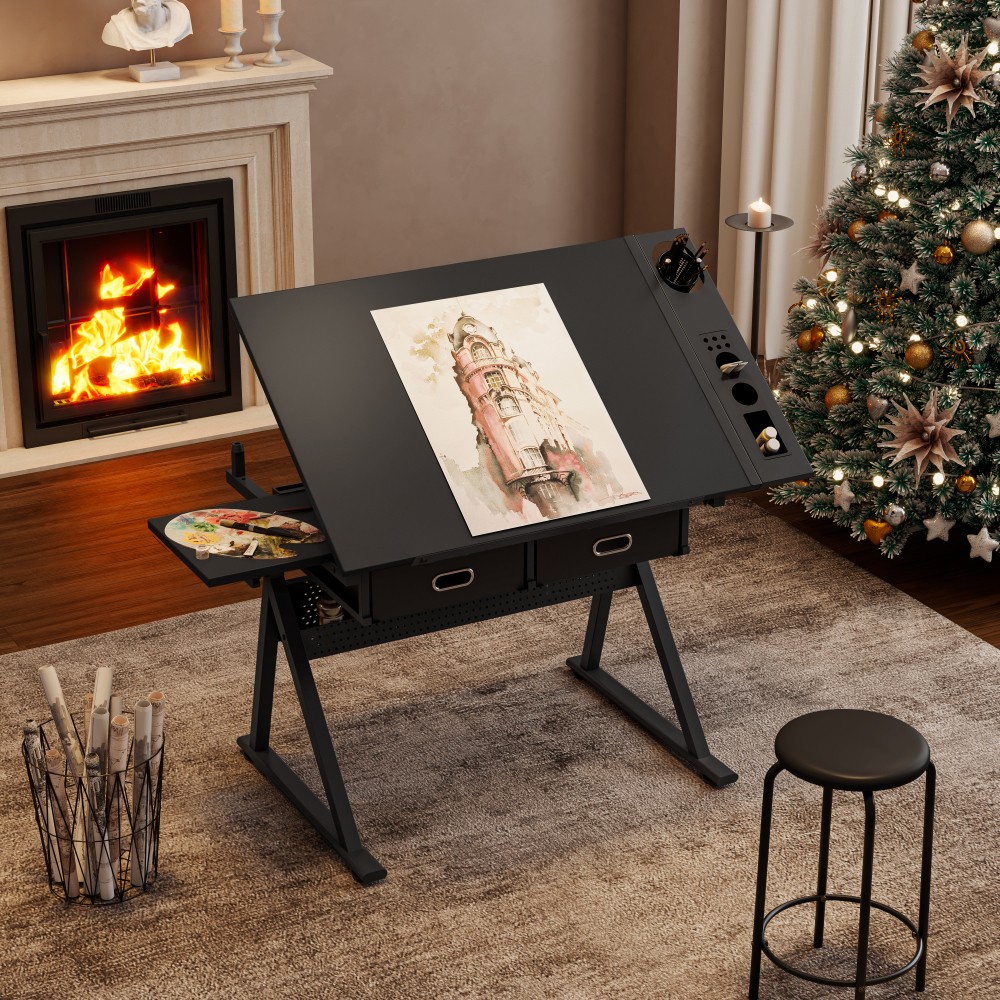 Adjustable drawing drafting table desk for home office and school with stool