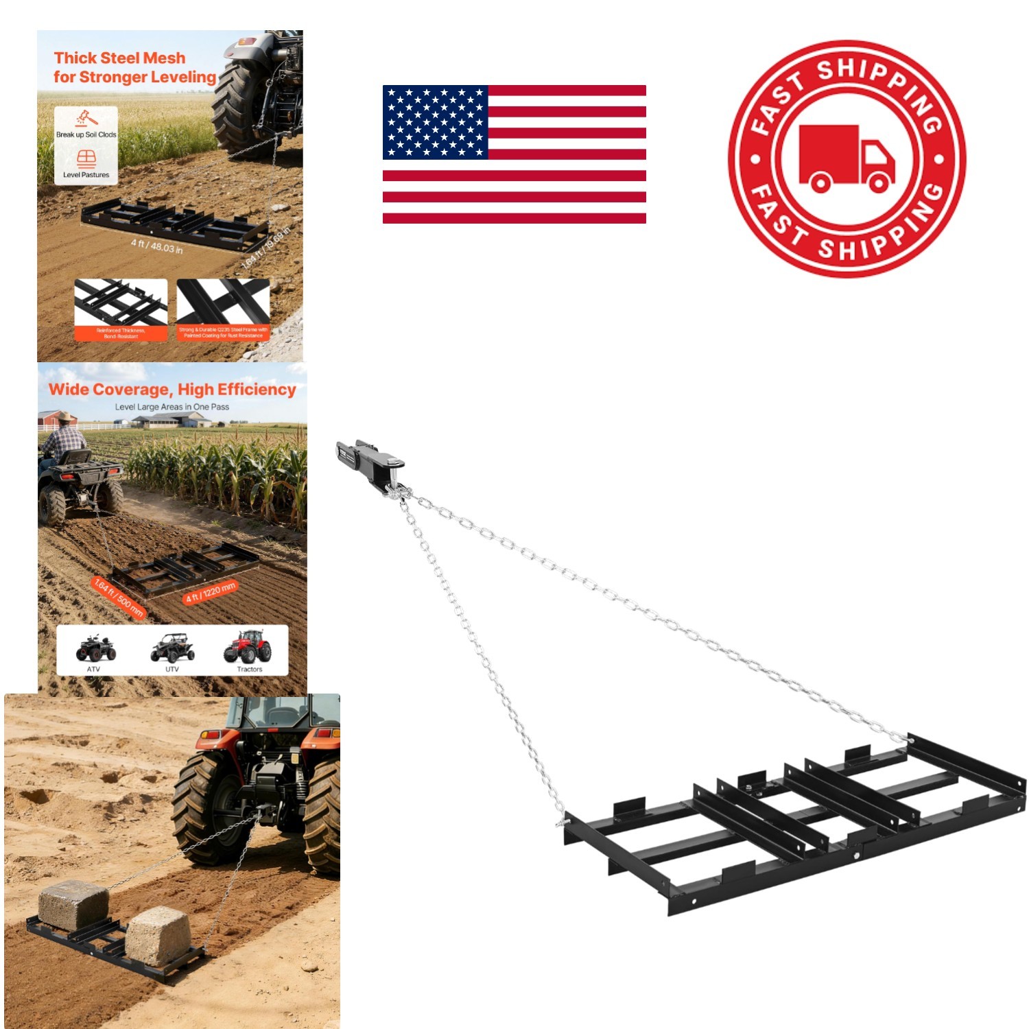 Versatile Drag Harrow 48 Inch Fits ATVs UTVs and Compact Tractors for Grading