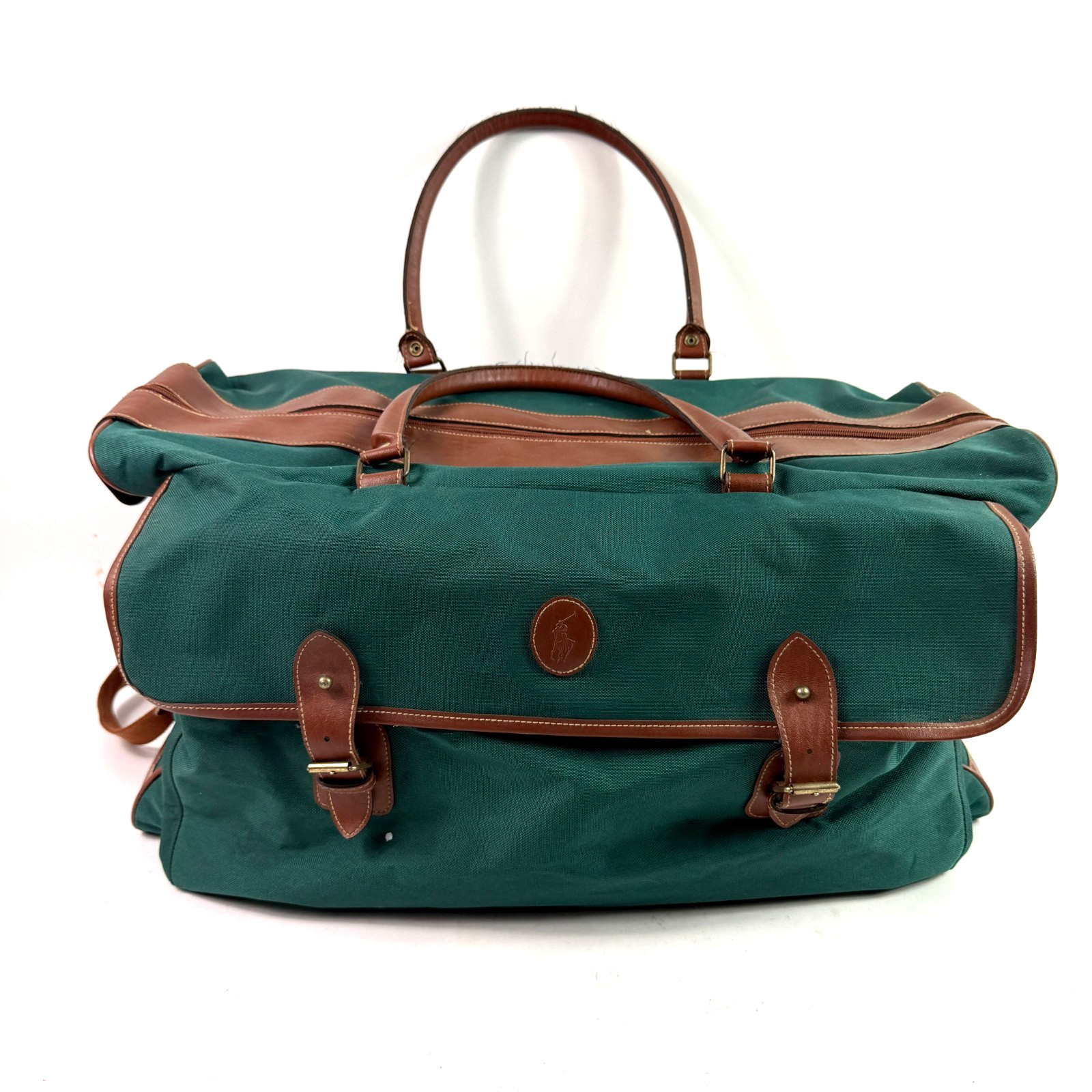 Vtg Polo Ralph Lauren Fragrances Green Canvas Leather Trim Weekender Duffel 23.5