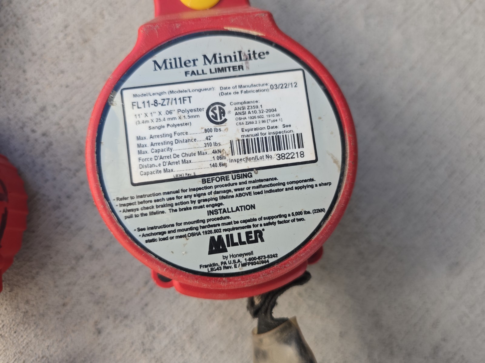 Miller Minilite FL11-8-Z7 Self-Retracting Lifeline 11 Ft 310 Lb SRL Used