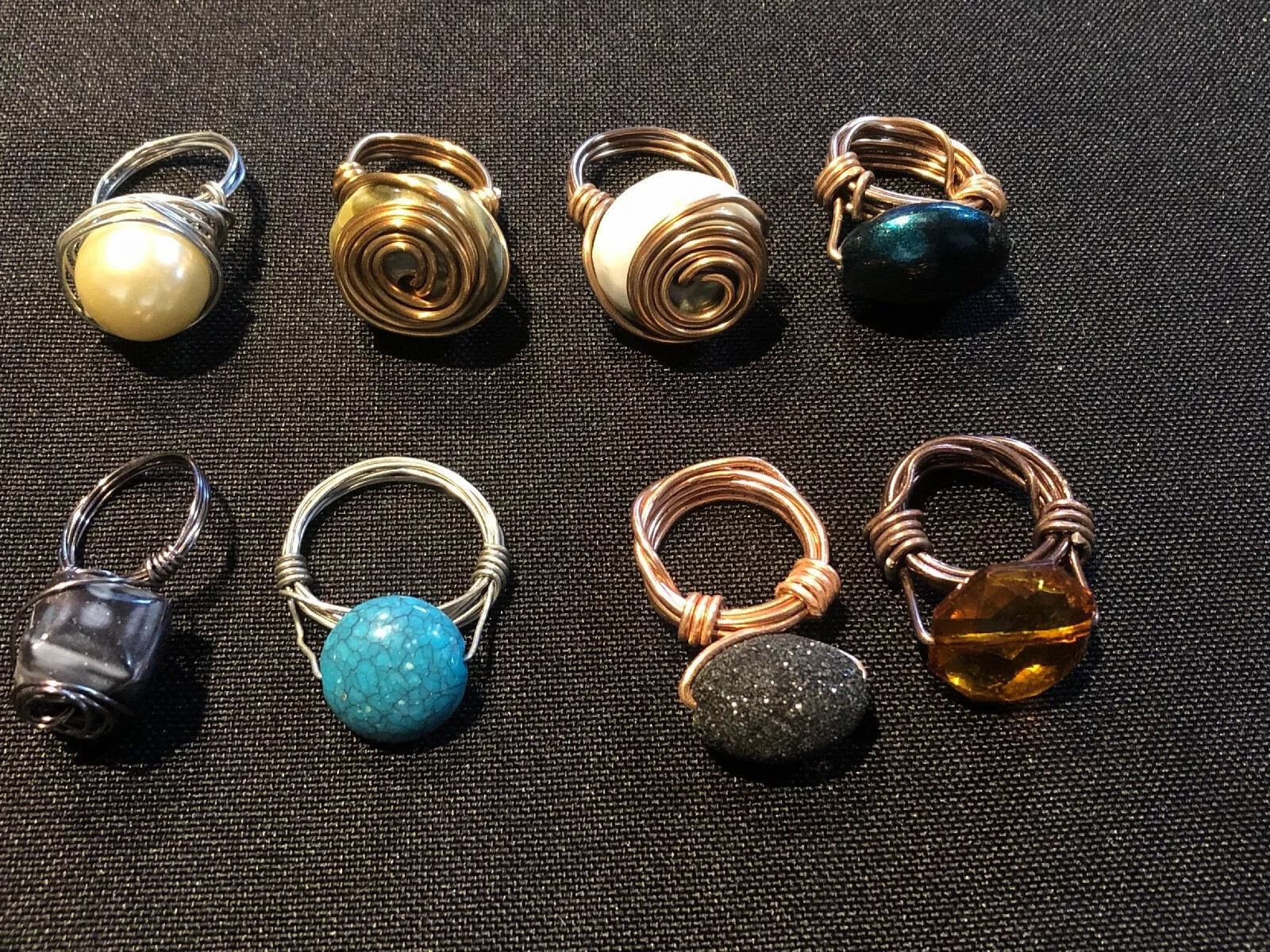 Lot of 8 Beautiful Large Rocks In Wound Wire Ring Handmade Rings Mixed Sizes