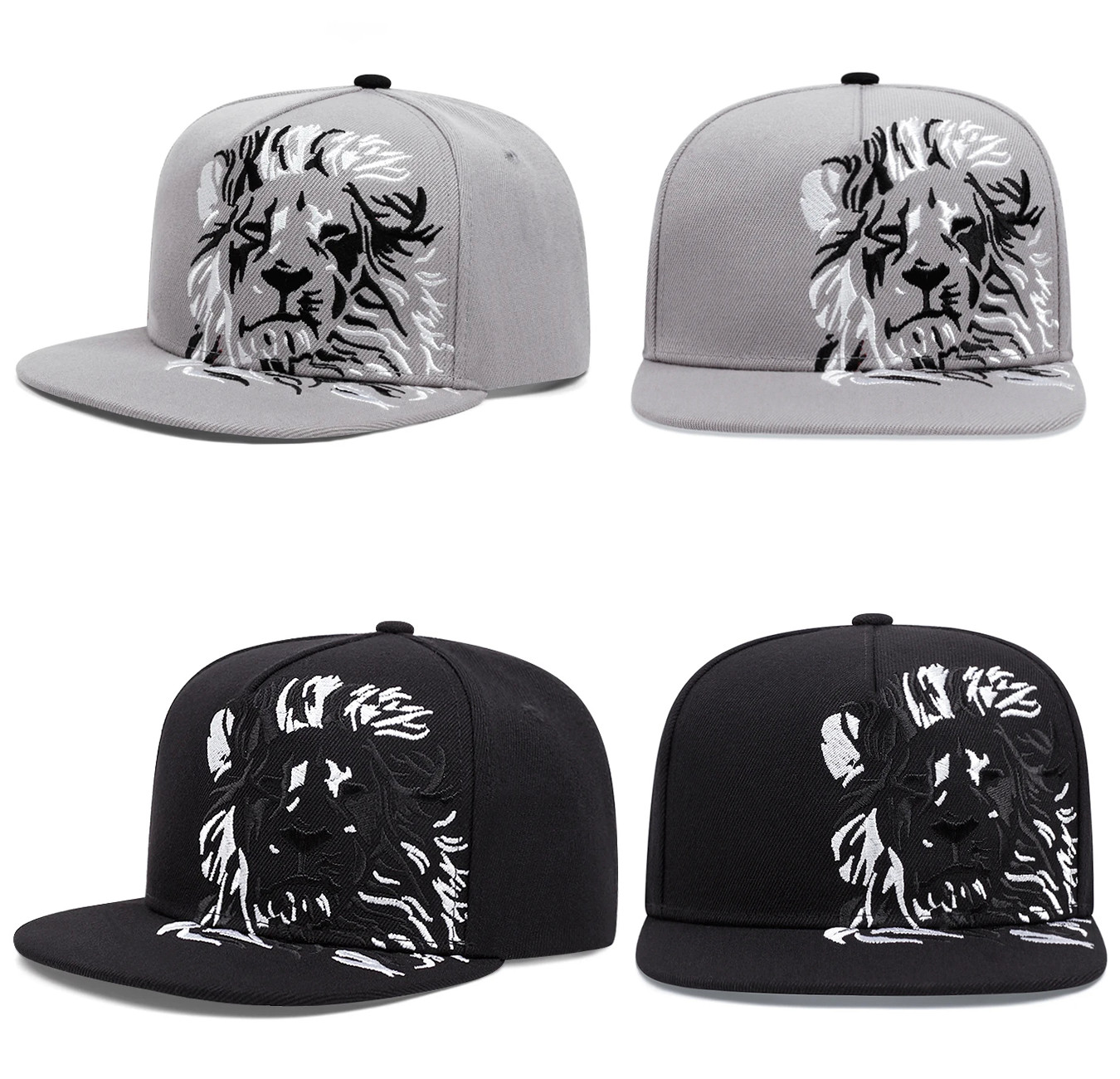 Lion Head Embroidery Snapback Hat Hip Hop Flat Brim Baseball Cap Grey Black