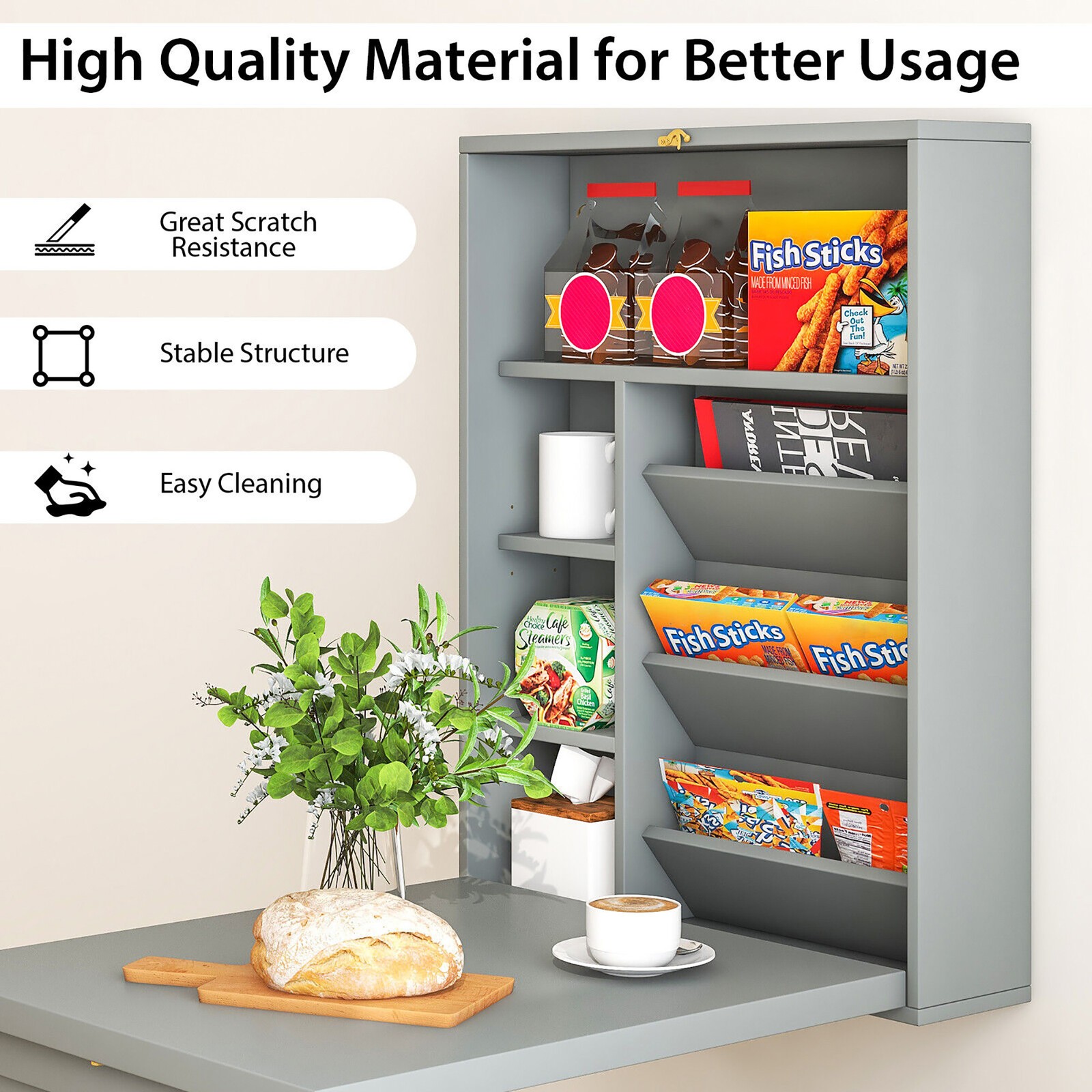 Wall Mounted Computer Convertible Desk Floating Desk w/ Storage Bookcases Grey