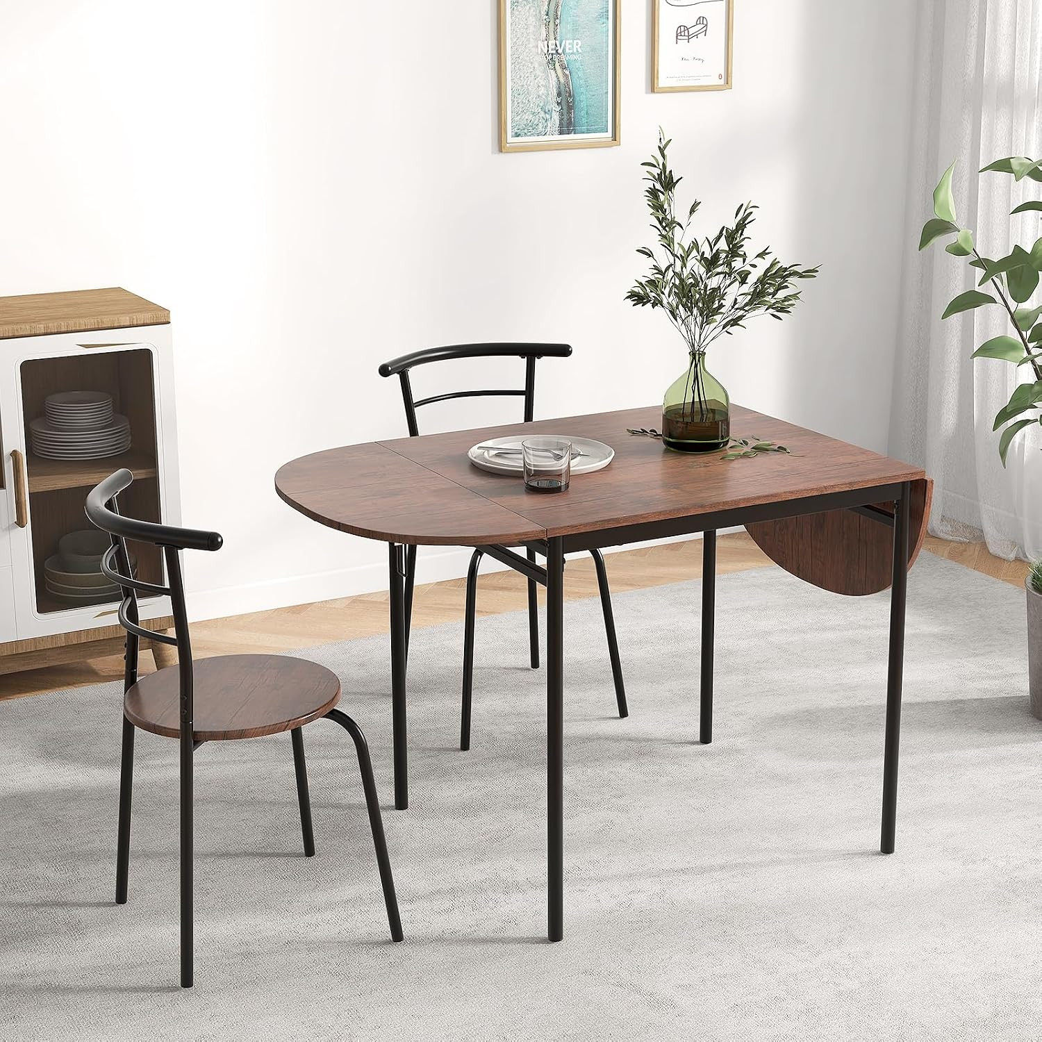 3-Piece Dining Table Set for 2, 55-Inches Drop Leaf Kitchen Table with Dining Ch