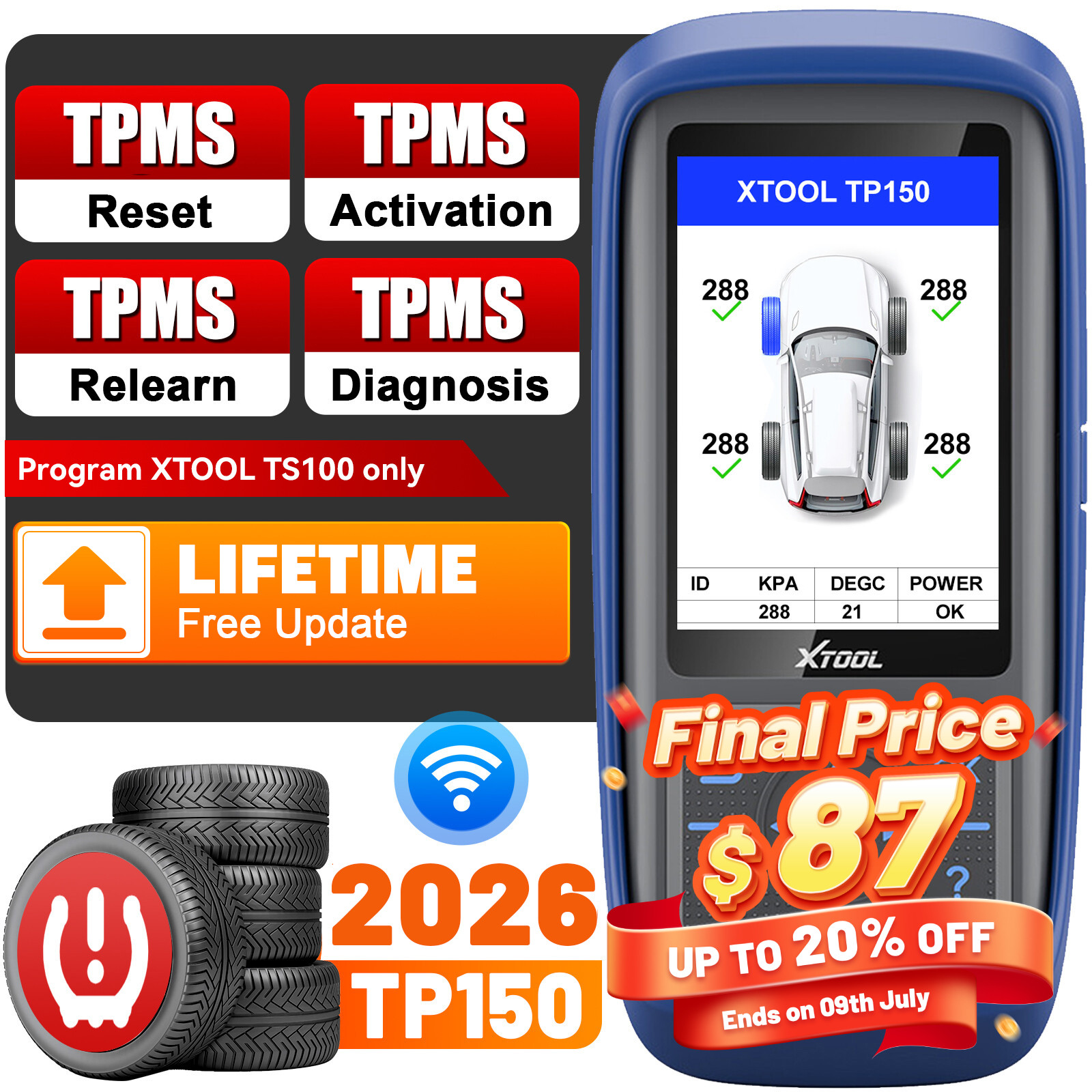 2026 XTOOL TP150 TPMS Tire Sensor Relearn Reset Activate Tool TS100 Programming