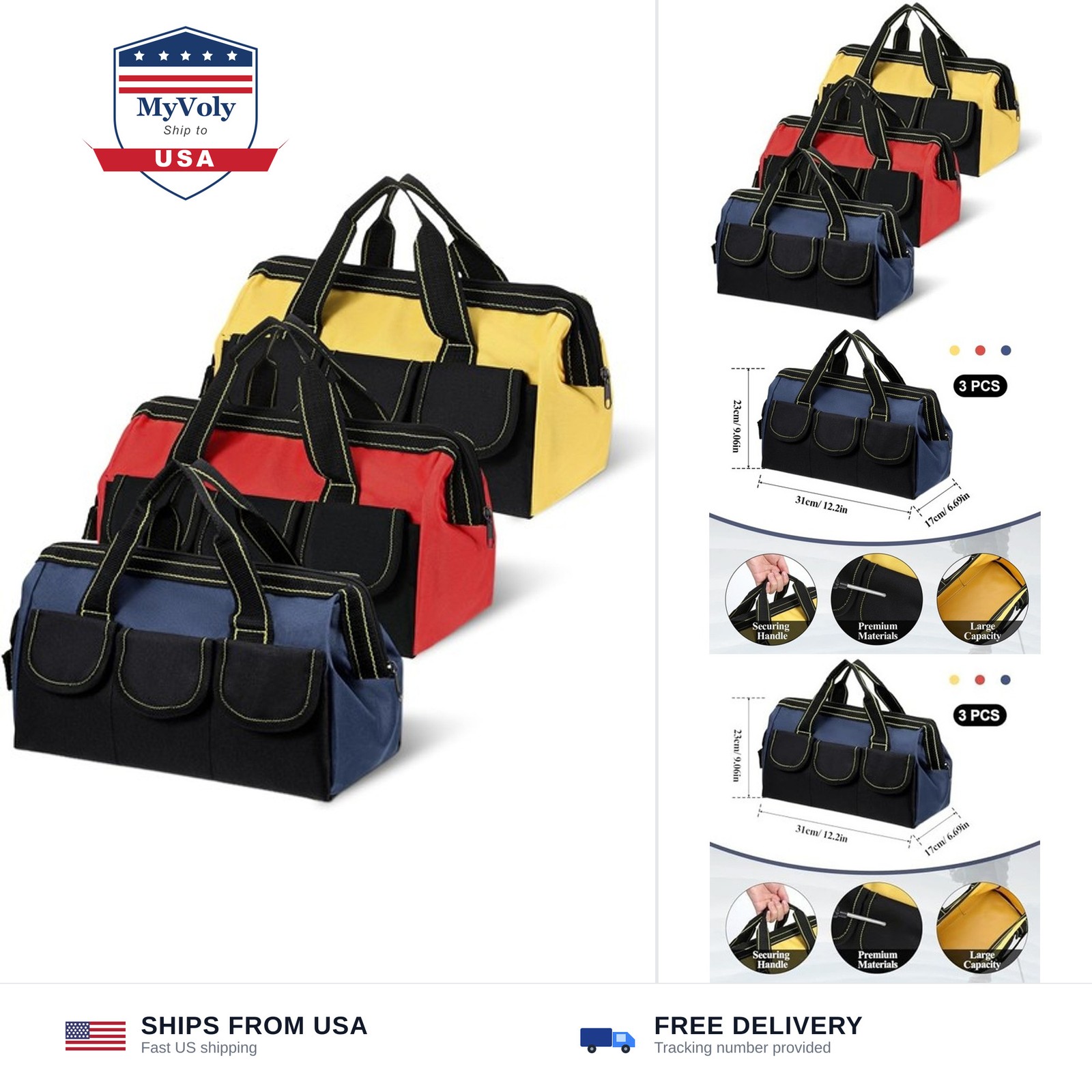 3 Pack Wide Mouth Tool Bag, 13 Inch Waterproof Power Tools Organizer Heavy Du...