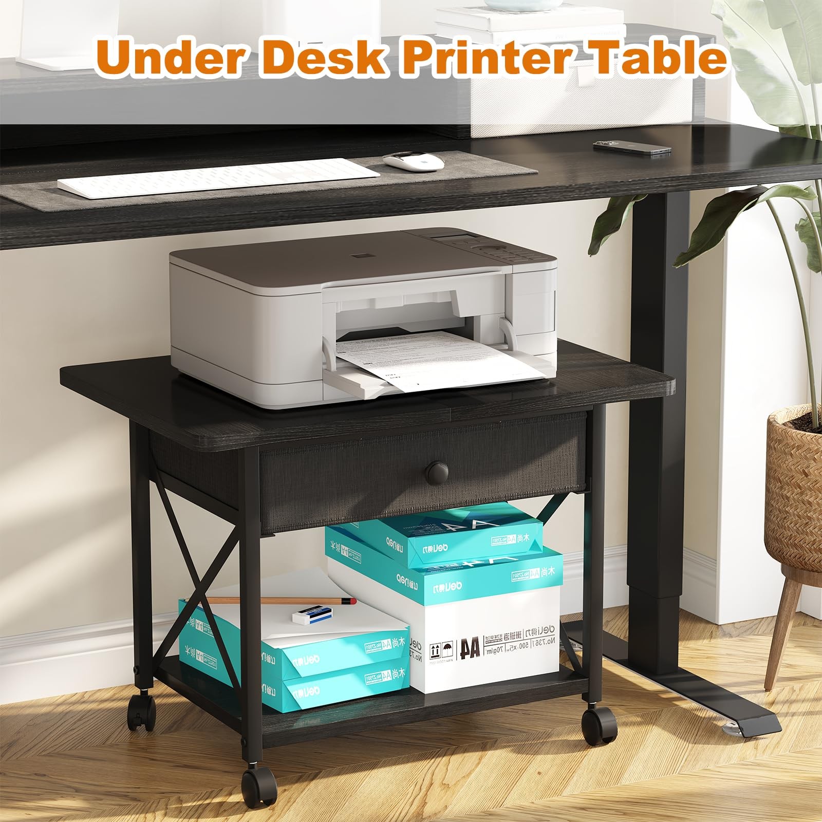 EasyCom 23.6" x 15.7" Under Desk Printer Stand with Storage Large, Black