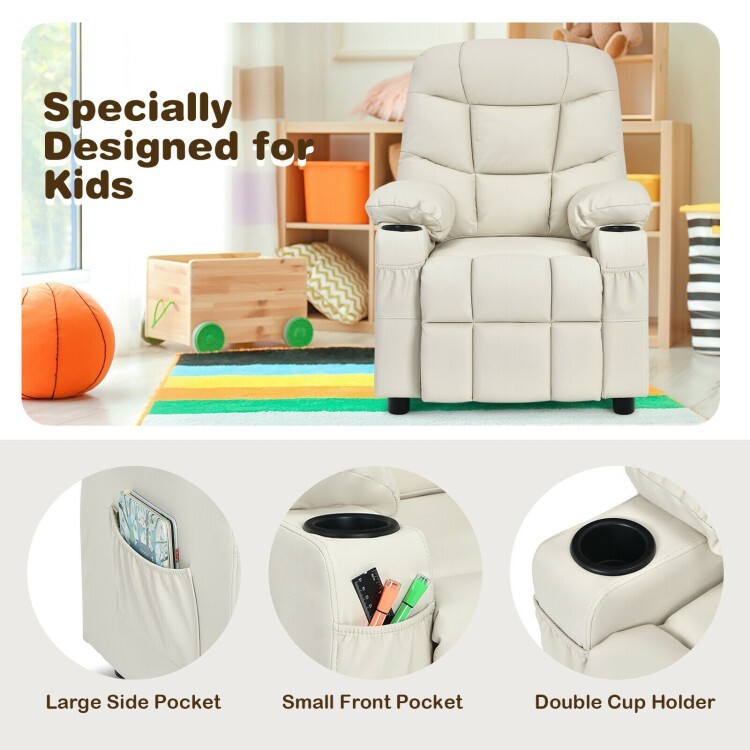 Kids Padded PU Leather Adjustable Recliner Chair W/Cup Holders & Storage Pockets