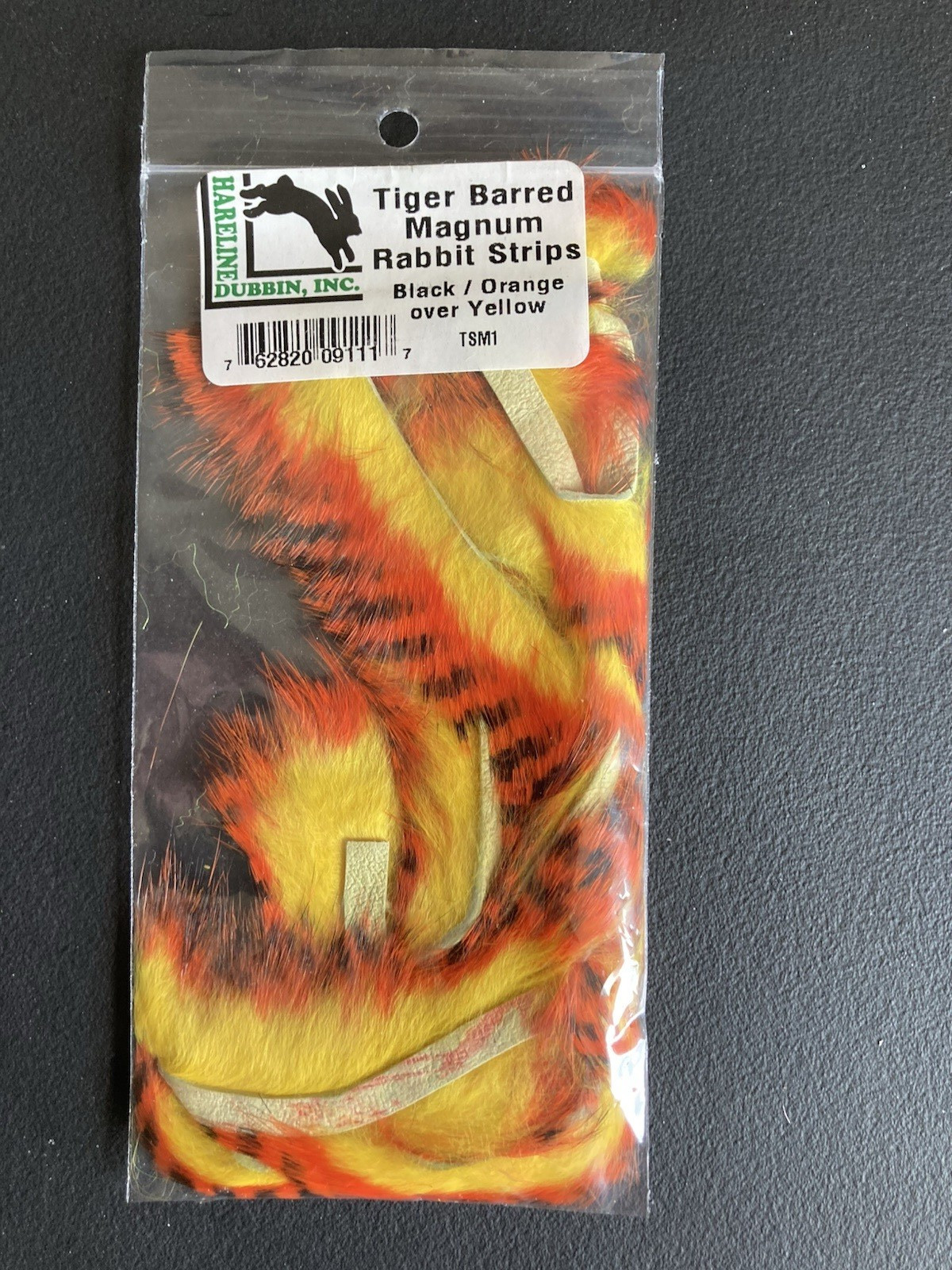 Hareline Tiger Barred Magnum Rabbit Strips Black/Orange over Yellow