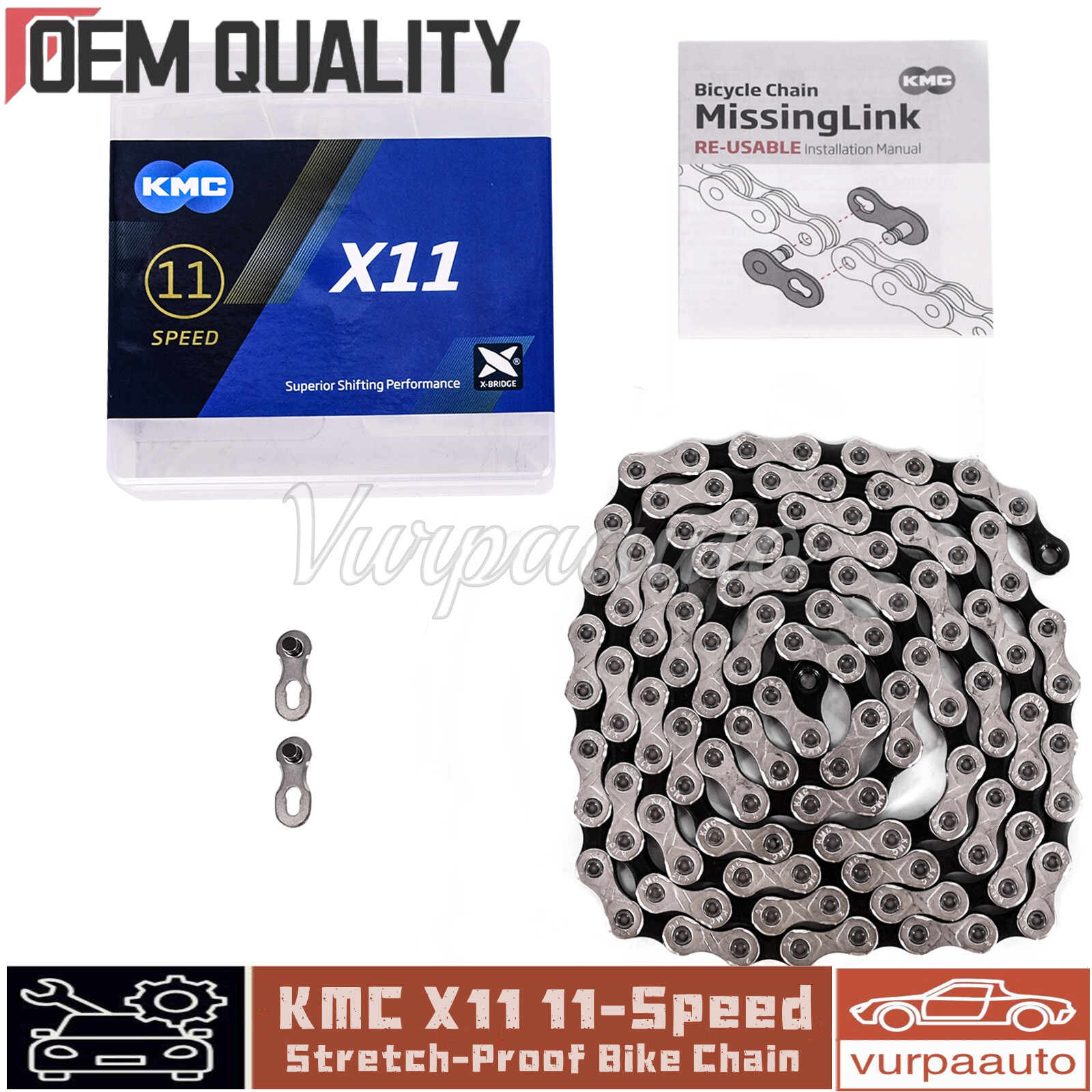KMC X11 11-Speed Stretch-Proof Silver / Gray Bike Chain 118L For SRAM Shimano