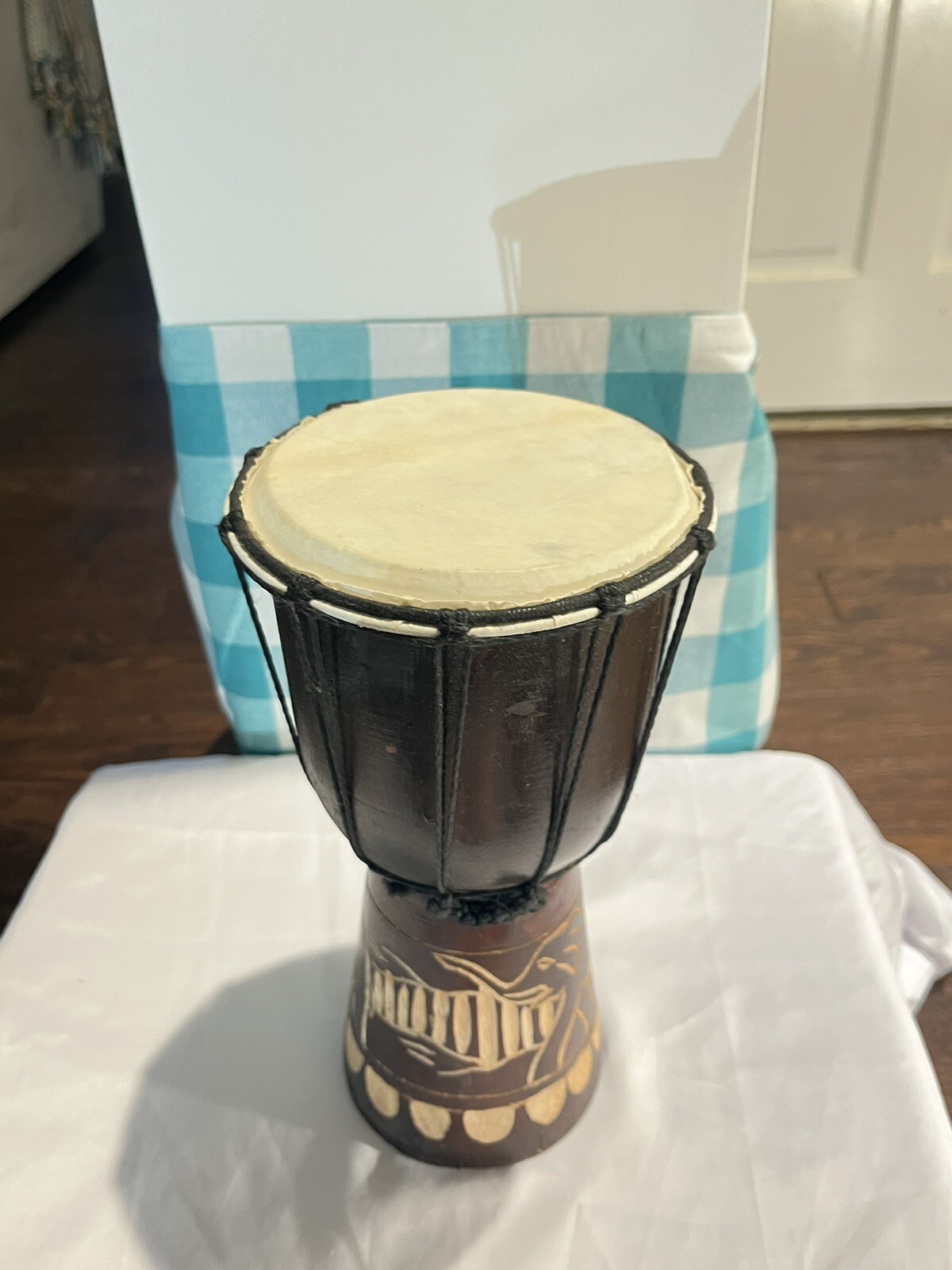 African Drum 12” Carved Elephant Handcrafted