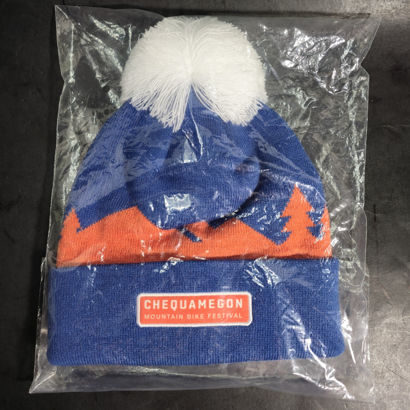 Boco Gear Chequamegon Mountain Bike Festival Blue & Orange Knit Cap Pom Beanie