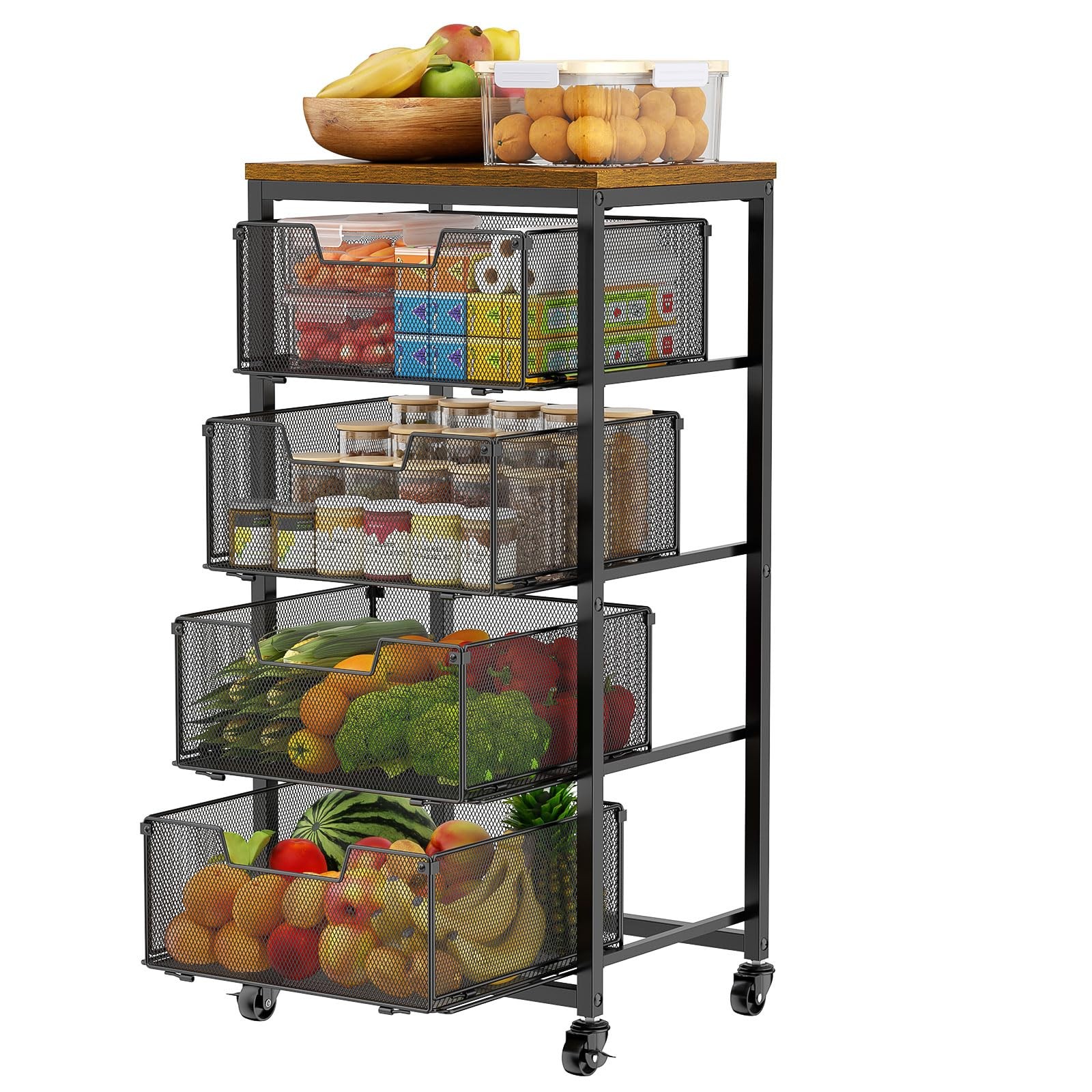 Kitchen Rolling Cart with Drawers, 4-Tier Fruit Vegetable Storage Cart on Whe...