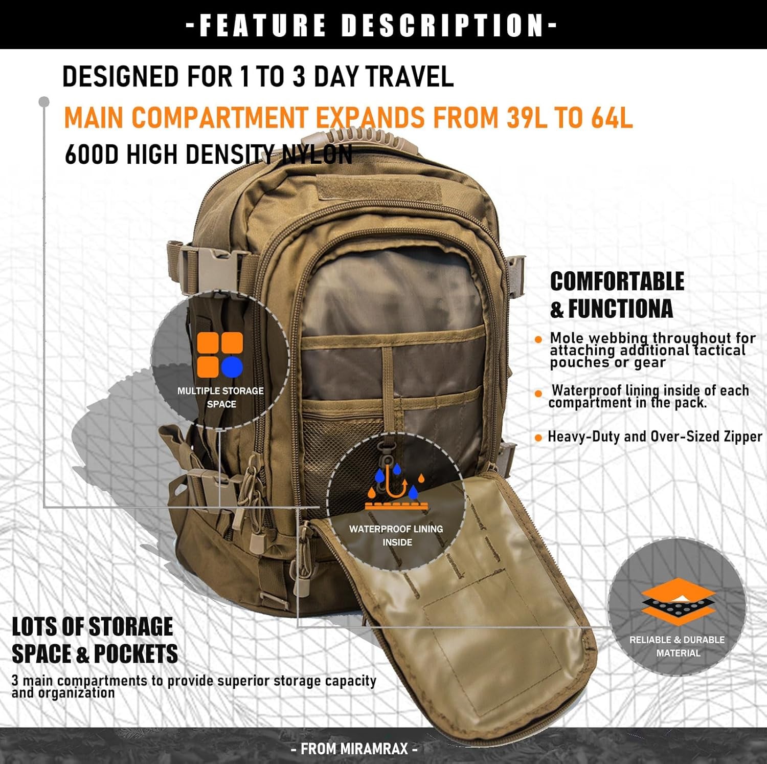 Tactical Backpack Military Army Daypack - Assault Pack for Men Molle Backpacks B