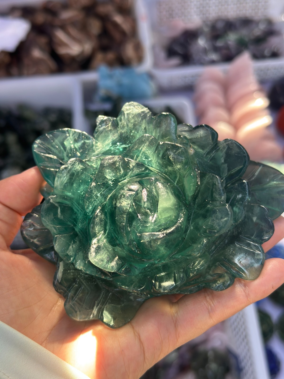 1pc Natural green fluorite Quartz Carved peony flower Crystal Reiki healing gift