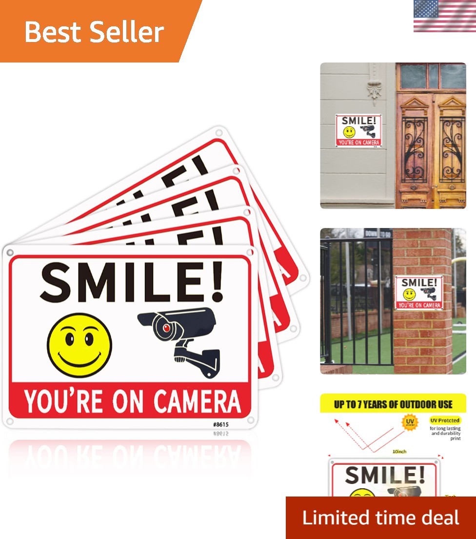High Visibility 4-Pack Smile! You're On Camera Signs - Weatherproof & Easy Mount