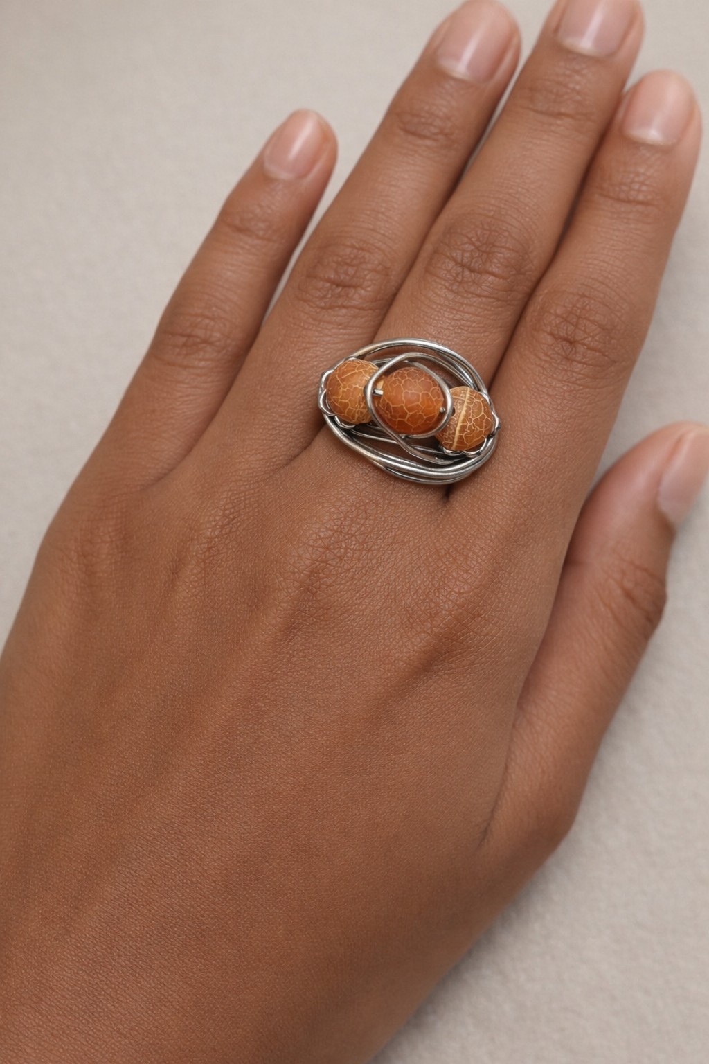 Artisan Wire‑Wrapped Crackle Orange Bead Ring Size 6.5