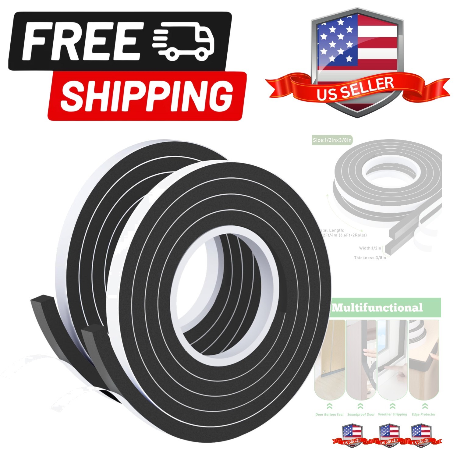Weather Stripping Door Seal Black,1/2Inch Wide X 3/8Inch Thick,Air Conditione...