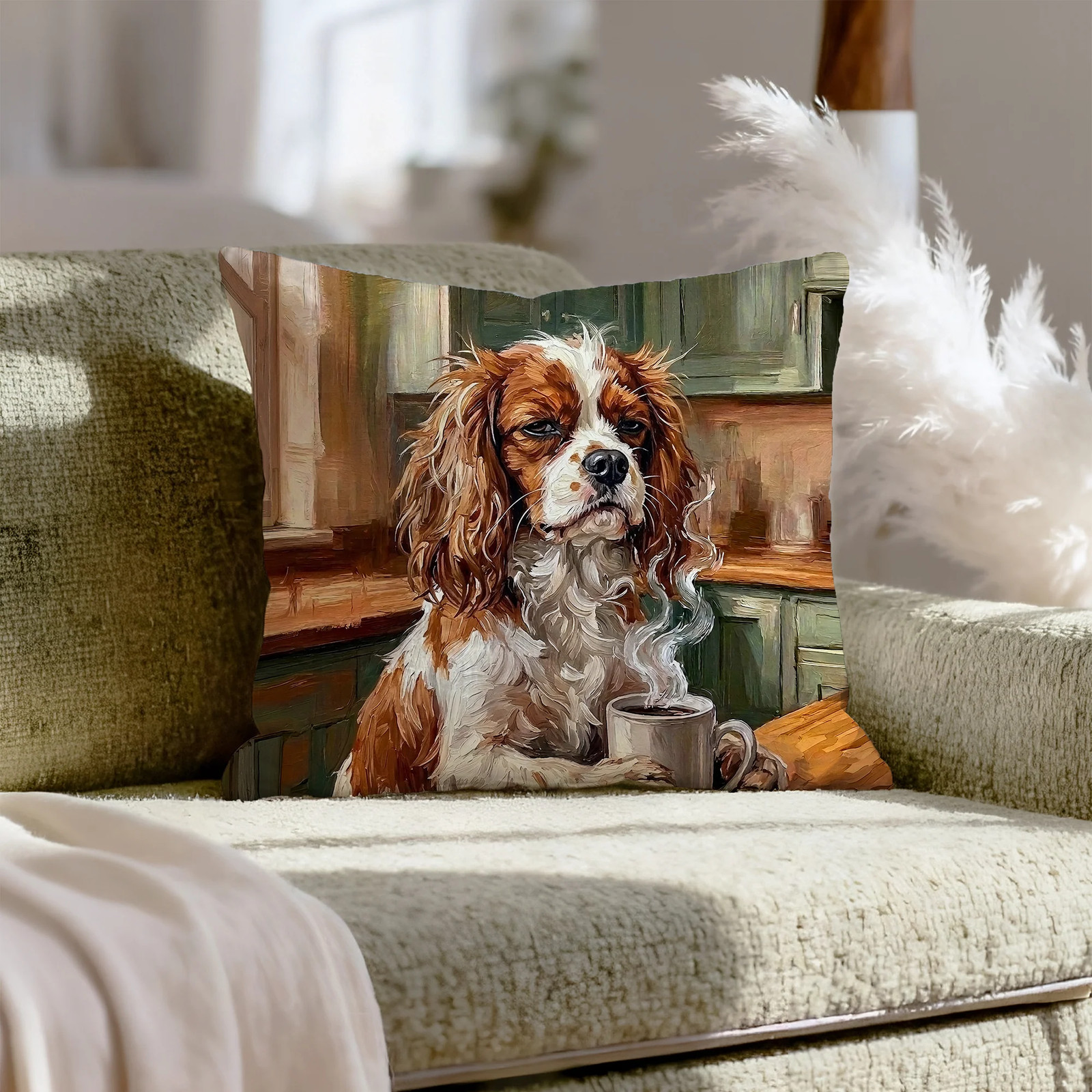"Before Coffee" - Cavalier King Charles Pillow Cover - Dog Lover Home Decor