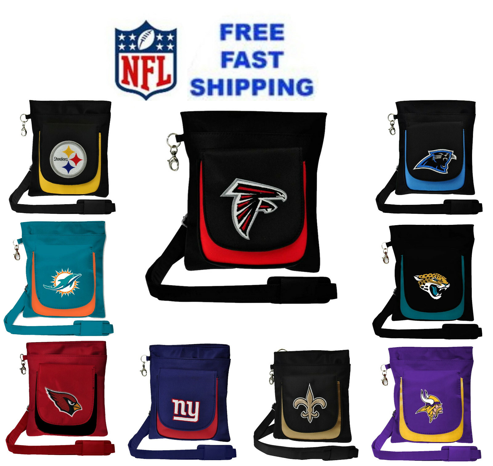 NFL Crossbody Handbag Women's Purse Bag Embroidered Logo Chiefs, Giants, Vikings