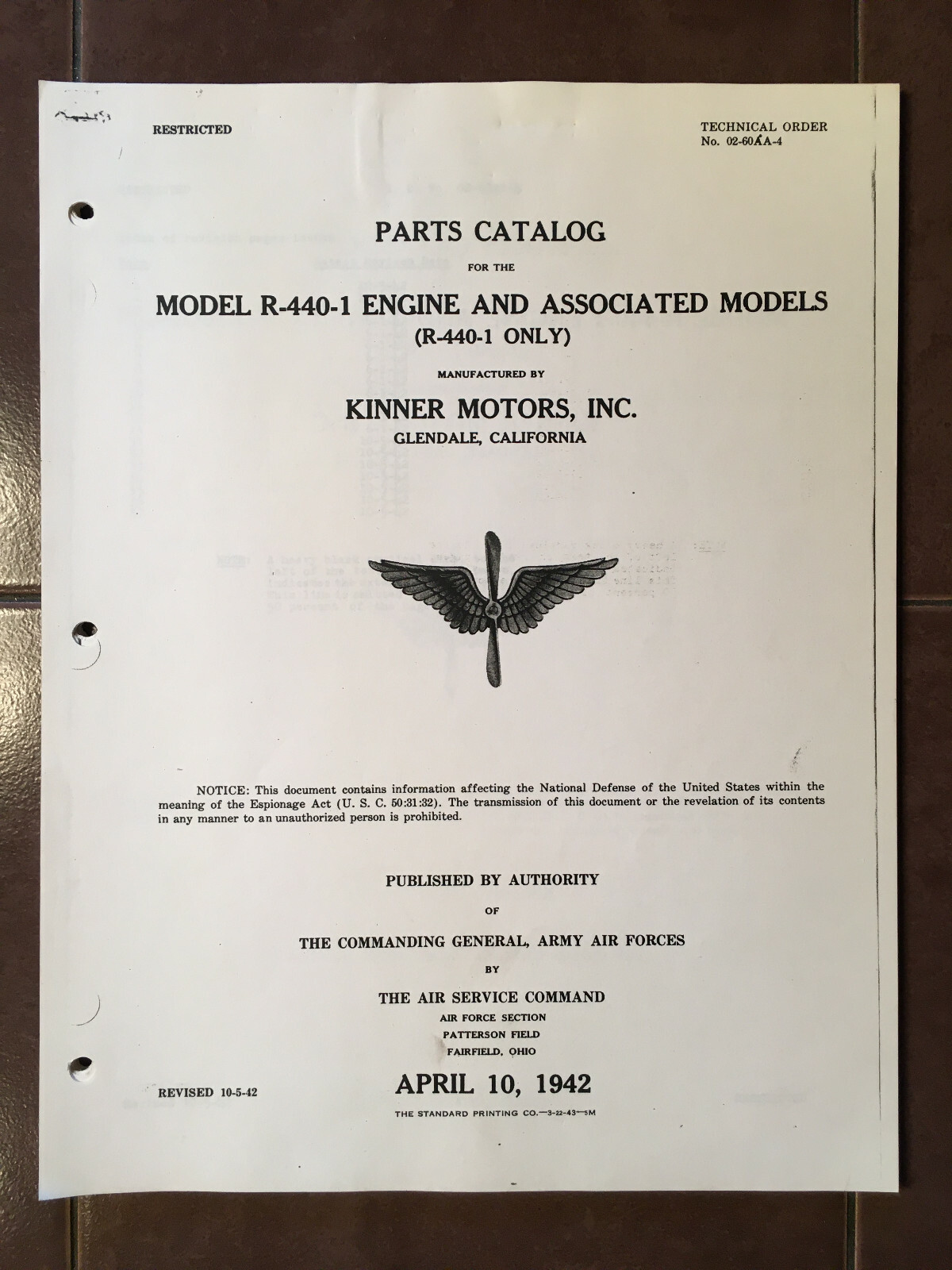 Kinner R-440-1 Aircraft Engine Parts Manual