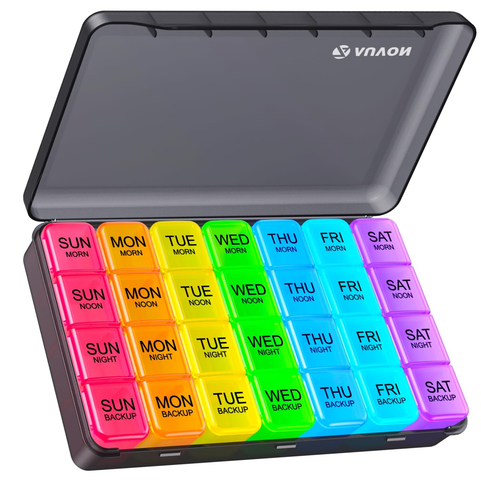 AUVON Weekly Pill Organizer 4 Times a Day with Face-Up Labels for Easy Black
