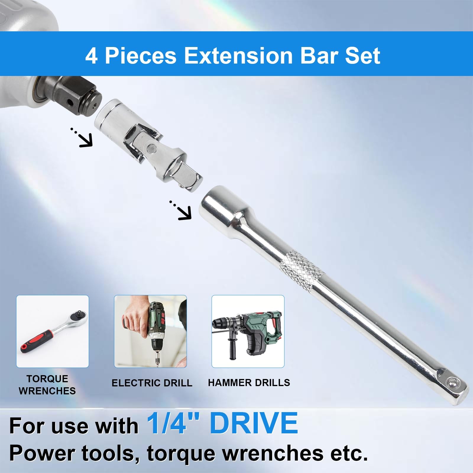 1/4 Inch Drive Socket Extension Bar Set, 4 Piece wrench extender