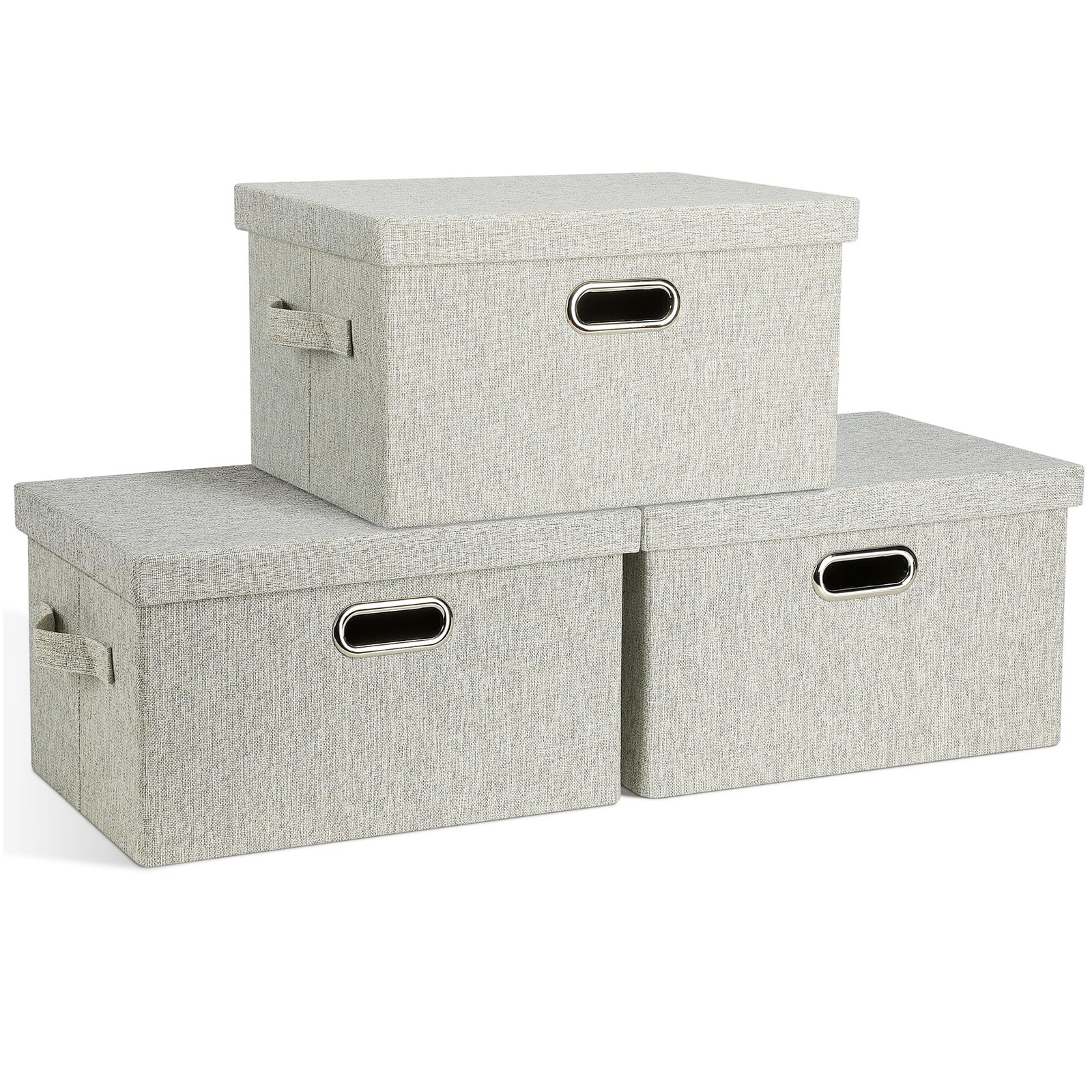 3 Pack Beige Foldable Storage Bins with Lids, 21 Quart, 15 x 11 x 8
