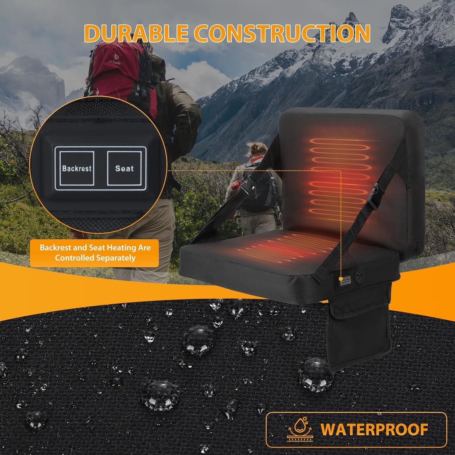 Heated Stadium Seat with Battery Foldable Padded Bleacher Seat w/ Back