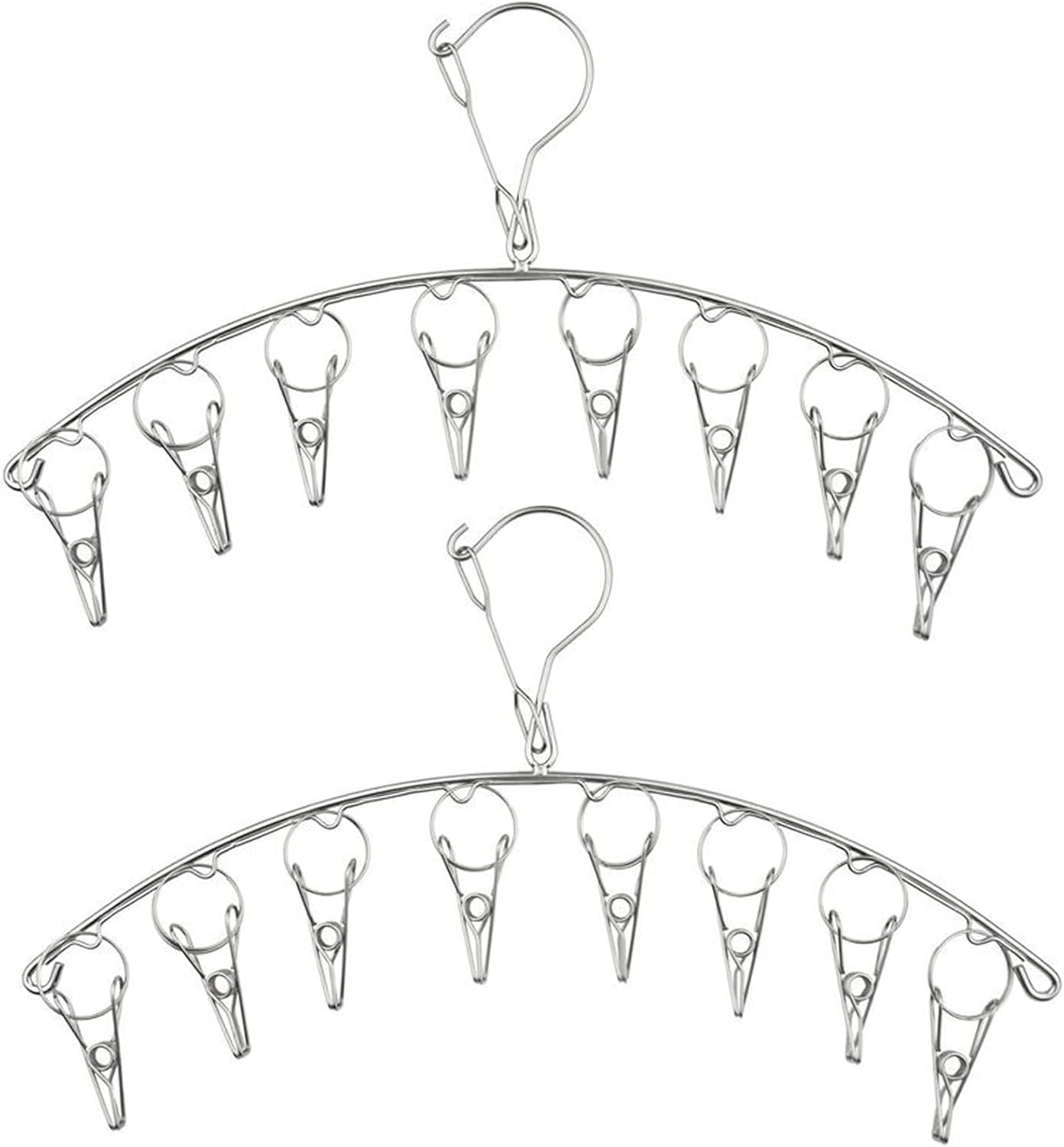 2Pcs Clothes Drying Hanger with 16 Clips, Stainless Steel Sock Air Drying Rack,
