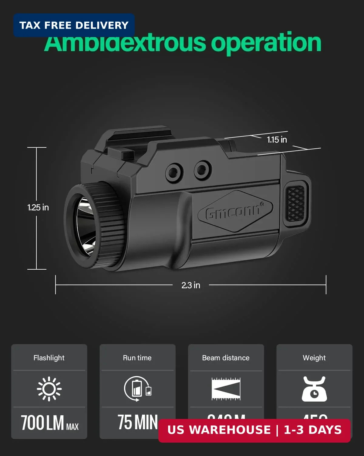700 Lumen Pistol Light, Compact Adjustable Rail Mounted Flashlight Mini W