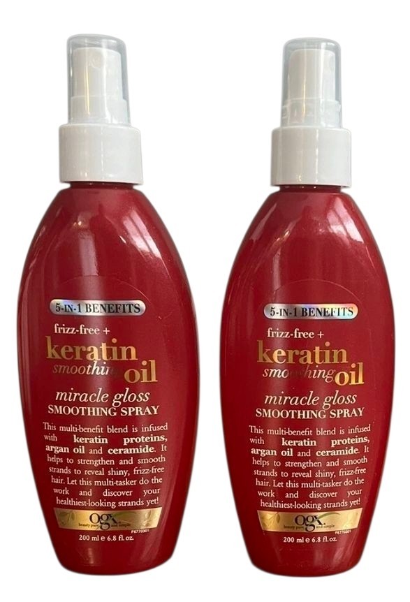 2X OGX Frizz Free Hair Keratin Smoothing Oil Miracle Gloss Smoothing Spray 6.8oz