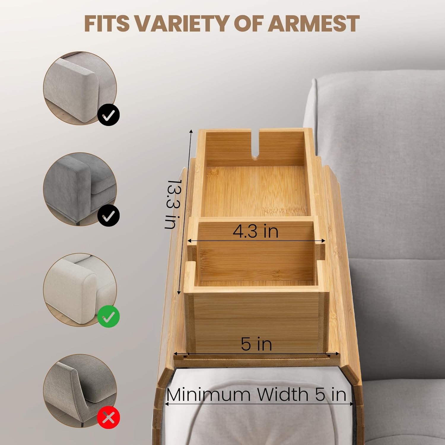 Bamboo Sofa Armrest Tray Couch Arm Tray W/ Detachable Couch Cup Holder 2 in 1