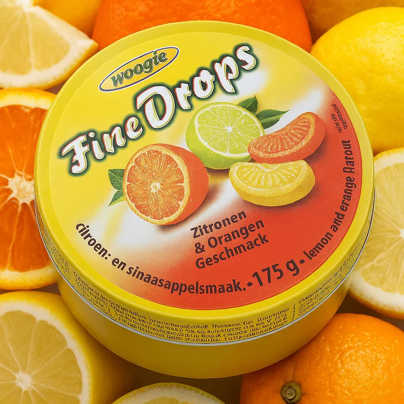 WOOGIE, GERMAN FINE DROPS SANDED Lemon Orange CANDY Bonbon 175 Gr.