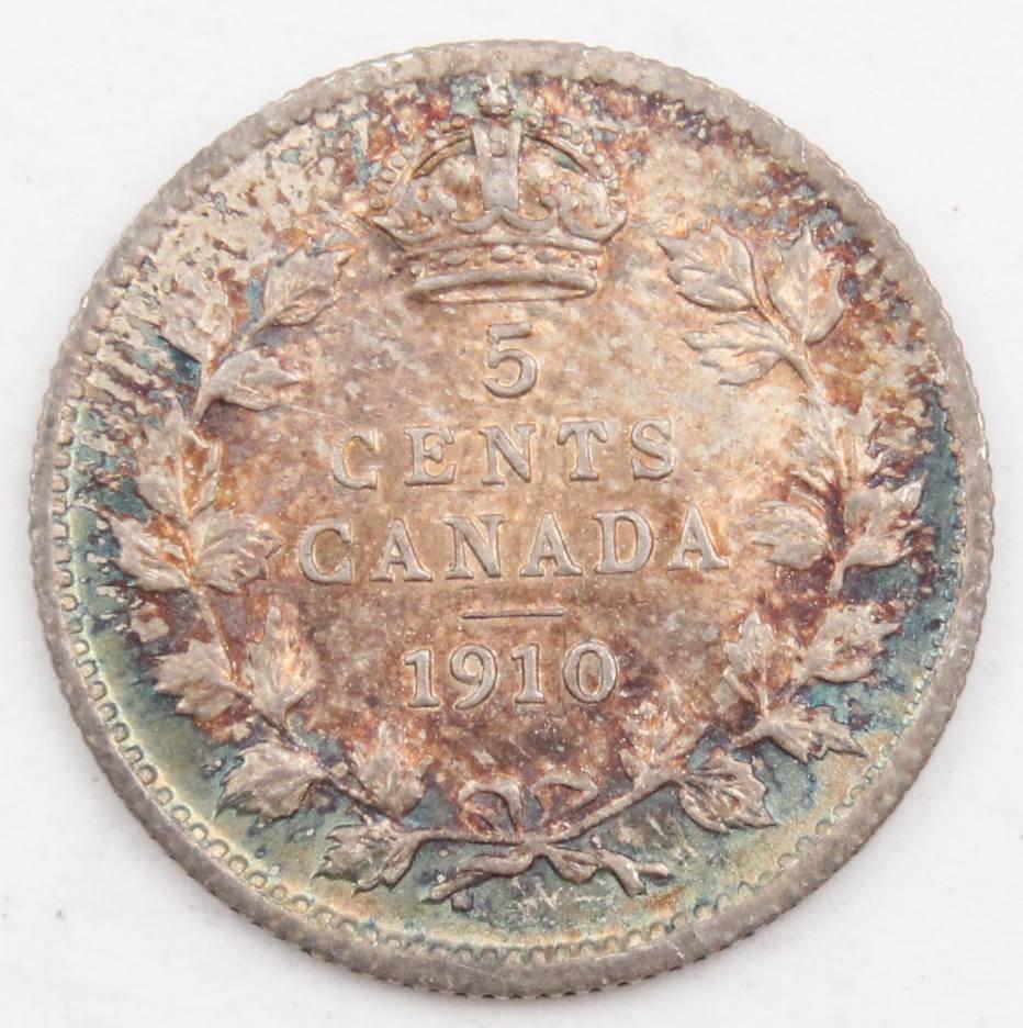 1910 Canada 5 cents pointed leaves cross/bow Choice AU