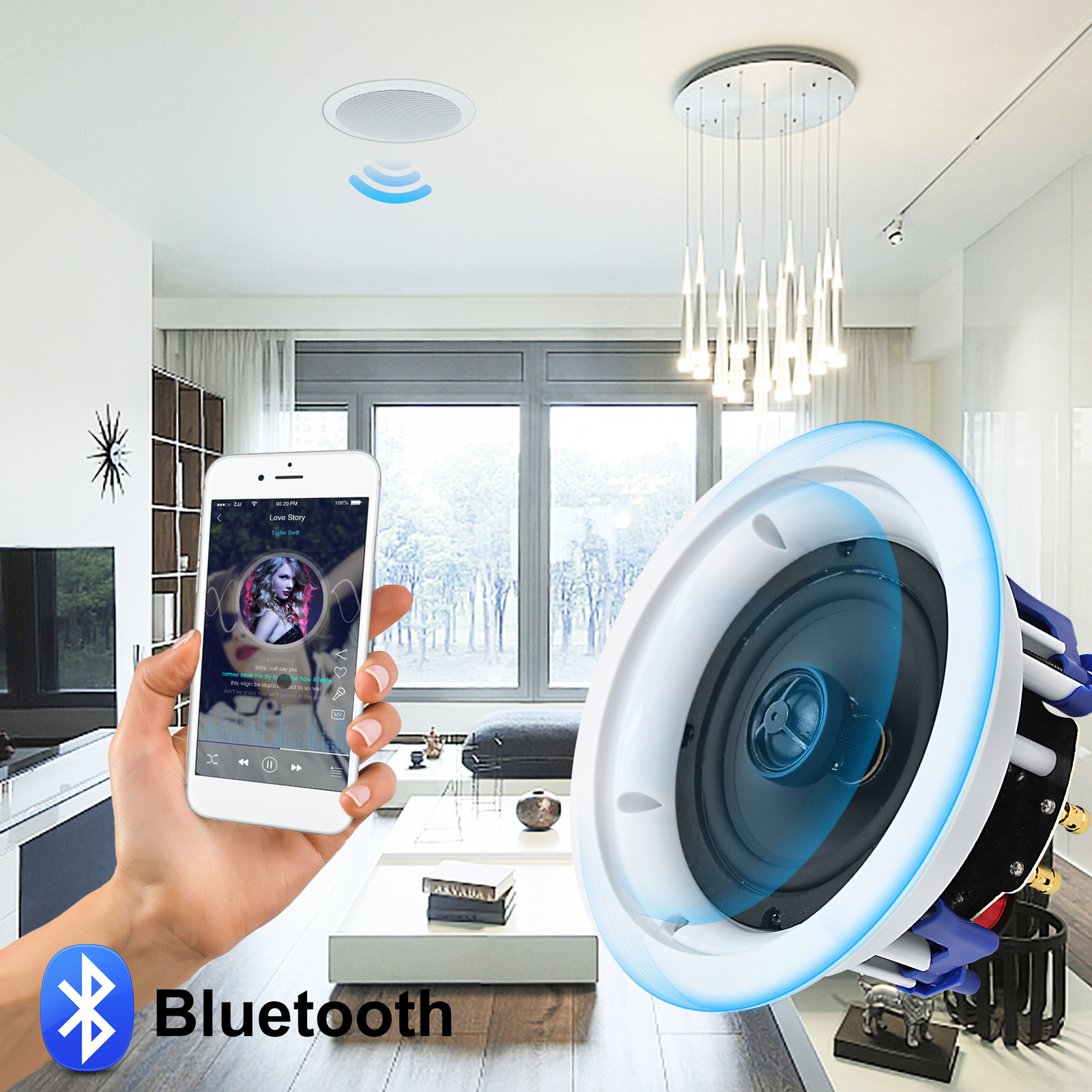Herdio 5.25" Bluetooth Ceiling Speakers 2-Pack 300W Flush Mount Stereo