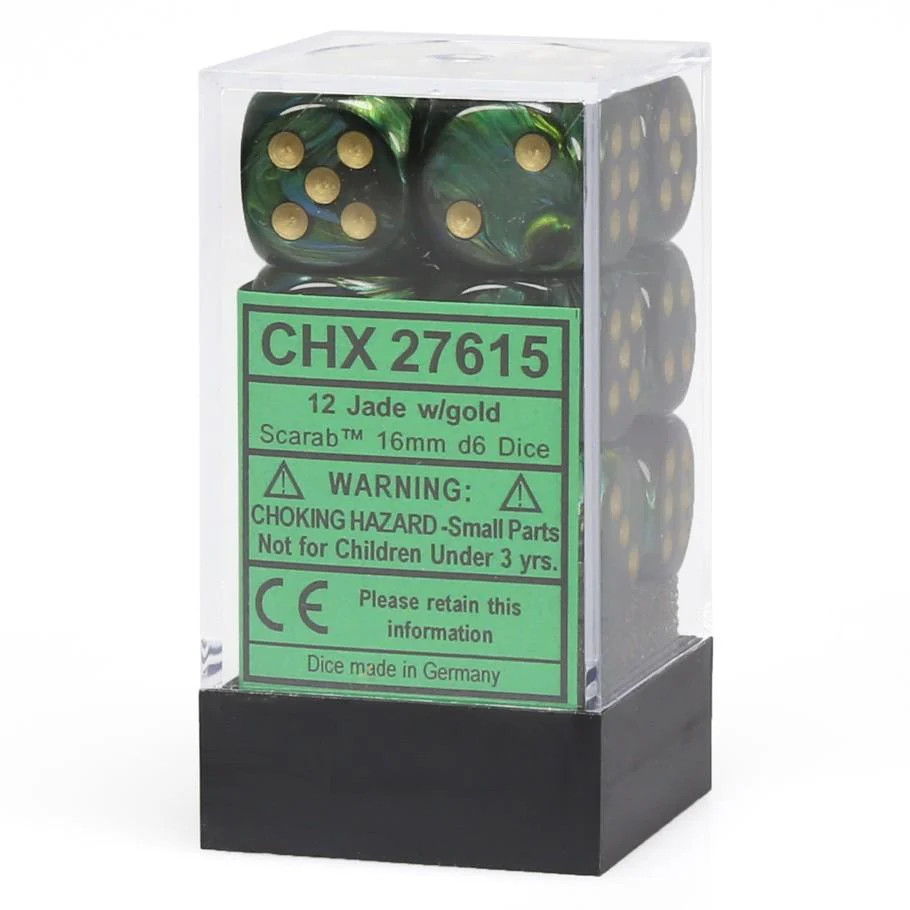 Chessex Scarab™ Jade with Gold Numbers 16 mm Dice Block (12 dice)