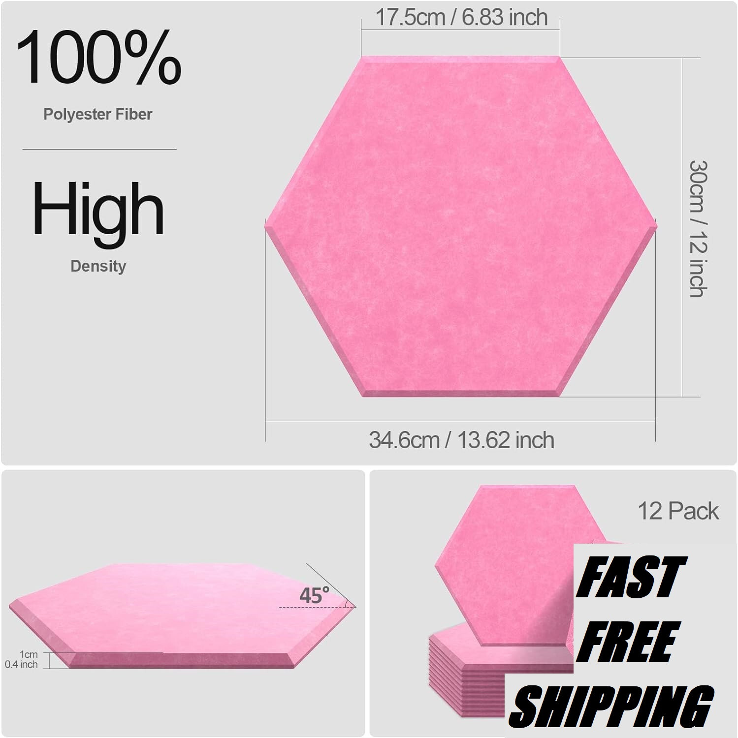 12PK Hexagon Acoustic 100% Polyester Fiber Panels Beveled Edge Sound Proof PinK