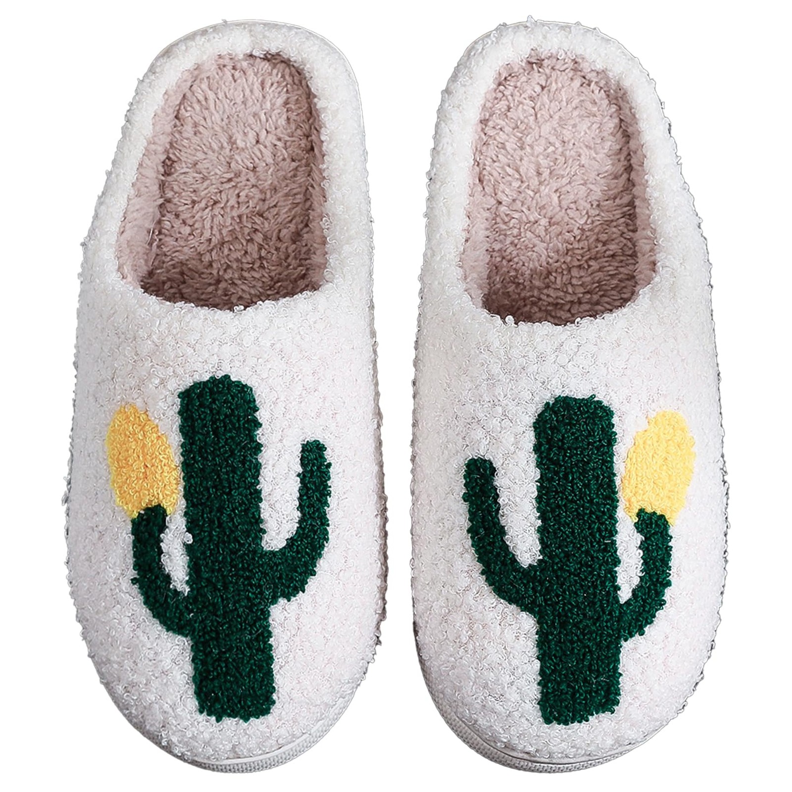 XUILOG Cactus Fuzzy Slippers for Women White Plush Indoor Slip-On 7-8,