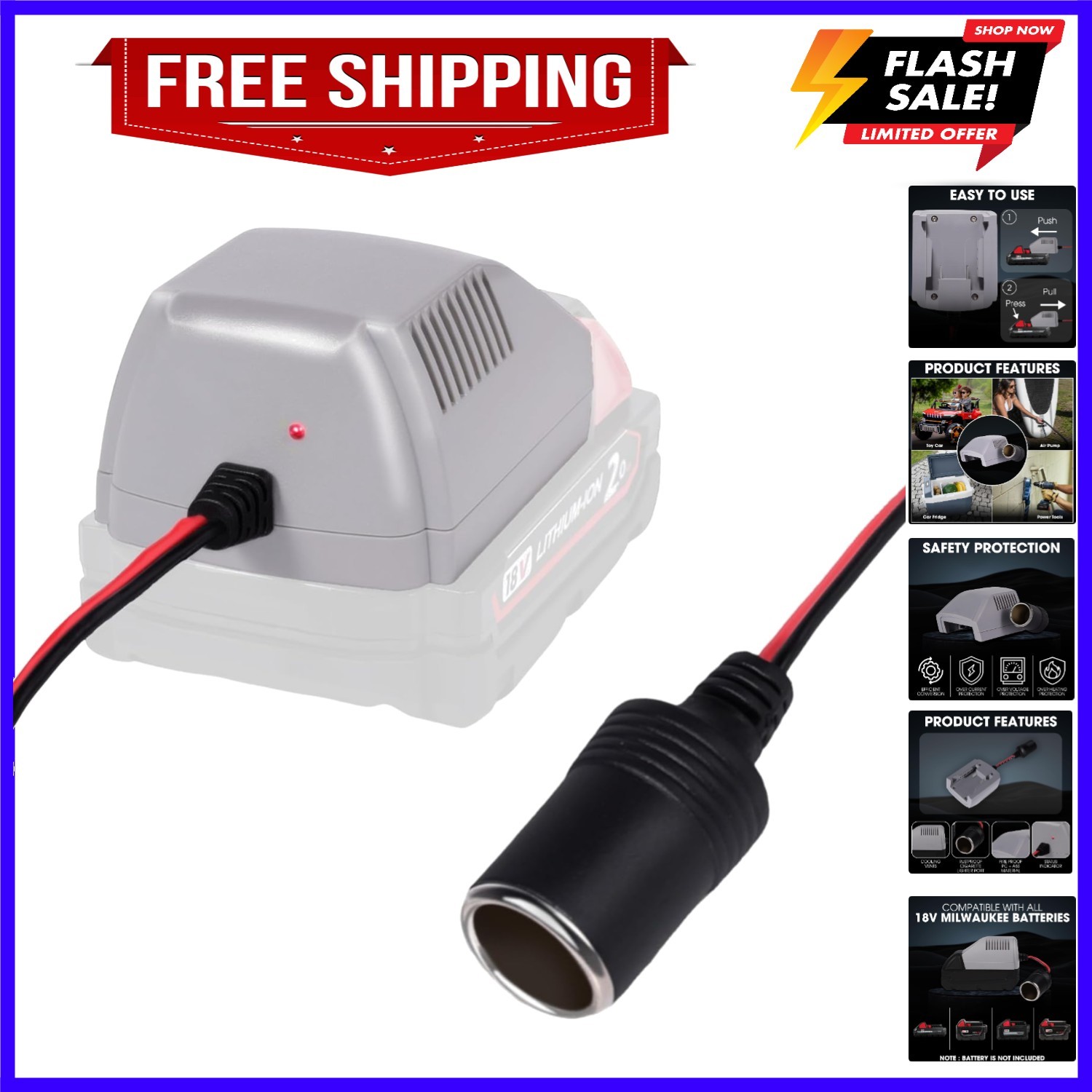 18V to 12V Step-Down Converter for Milwaukee M18 Battery with Cigarette Light...