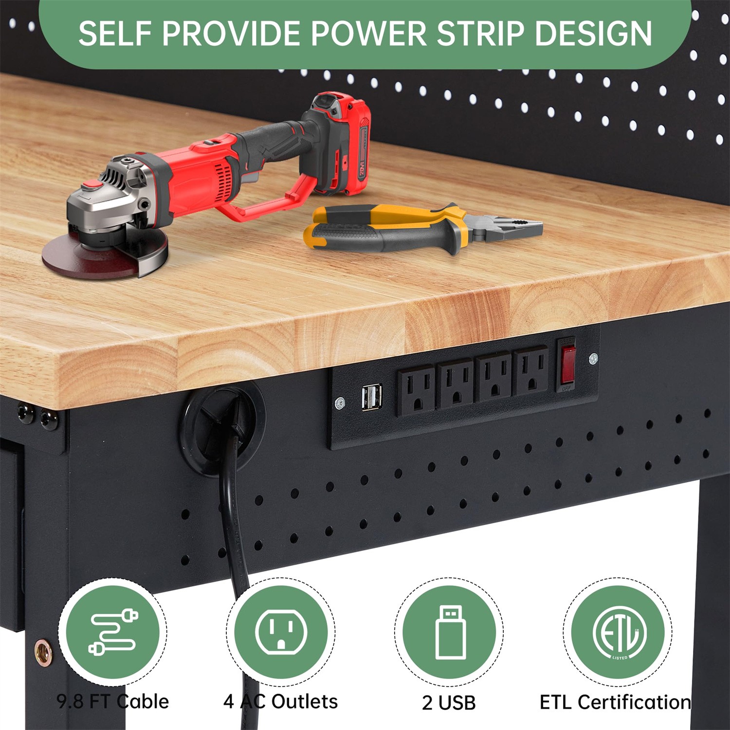 48" Work Benches for Garage Adjustable Workbench Wheels Pegboard Drawers 2000L